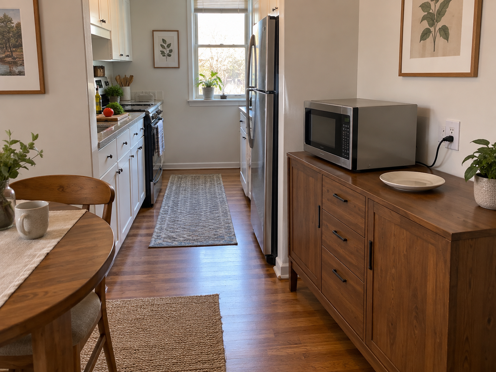 A countertop microwave sits on a sturdy freestanding sideboard beside a narrow galley kitchen, with a direct outlet, a plate landing area, and the main walkway clear.