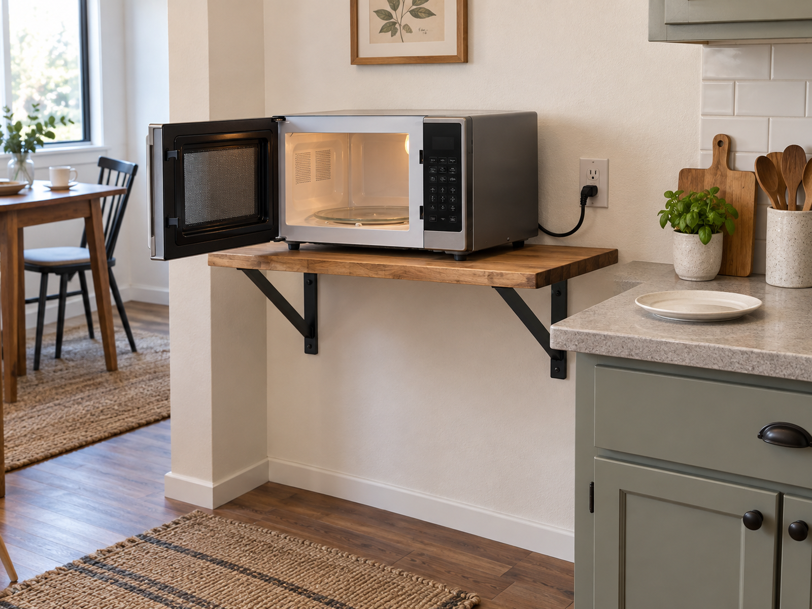 A countertop microwave rests on a deep open wall shelf with two visible brackets, an open door, a direct outlet, and a nearby counter-height landing surface.