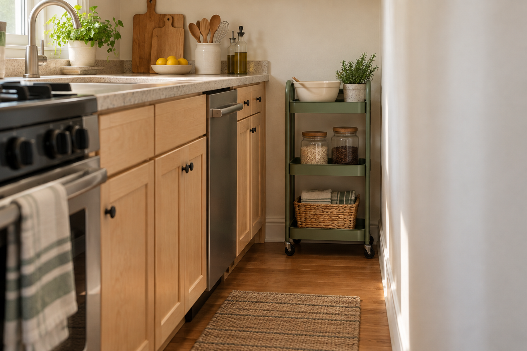 Slim rolling cart parked in a compact kitchen while the main walkway and nearby cabinets and appliances remain usable.