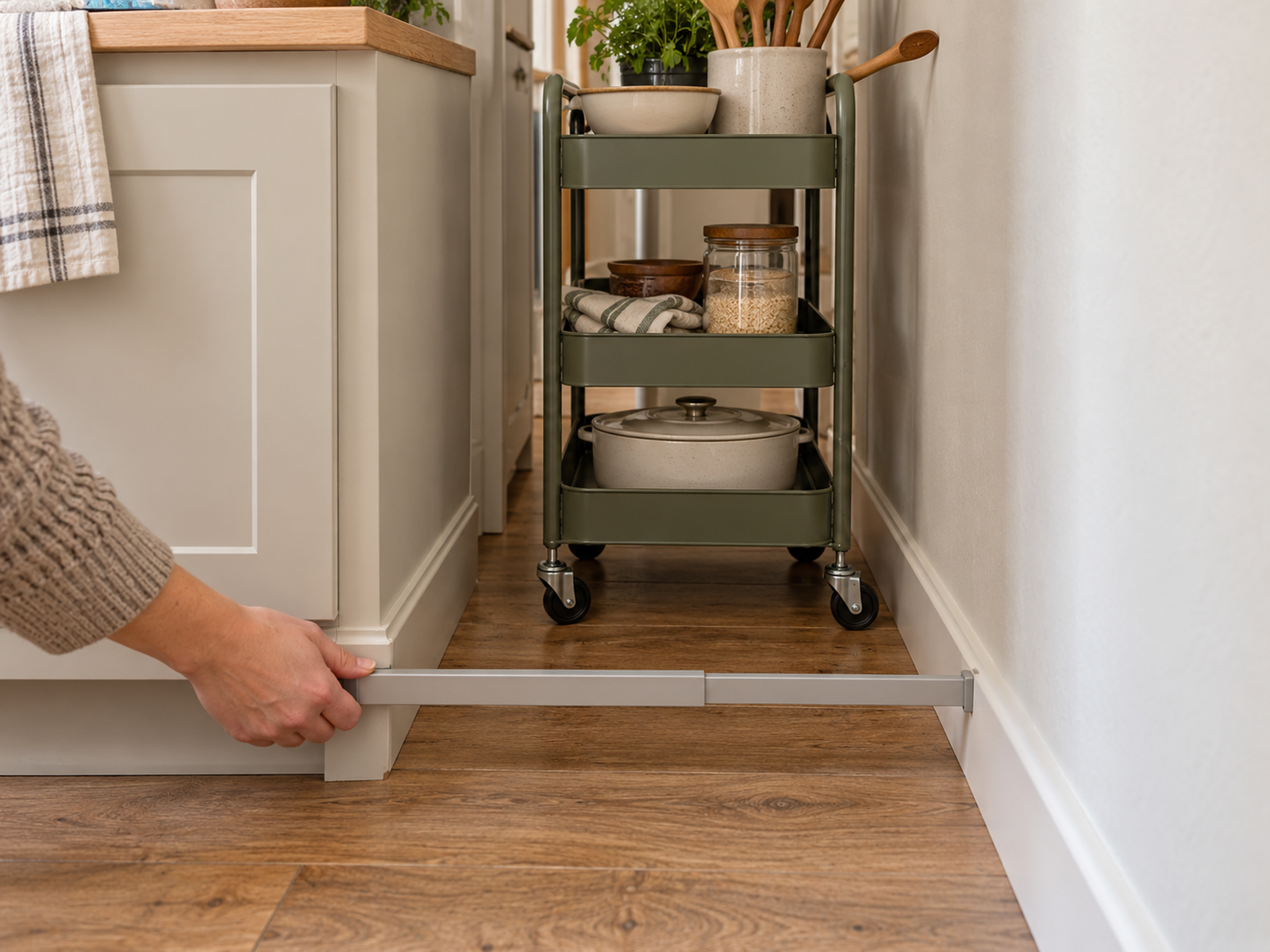 Unmarked gap gauge checking the tightest floor-level point beside a loaded slim rolling cart, including cabinet trim and wall baseboard.