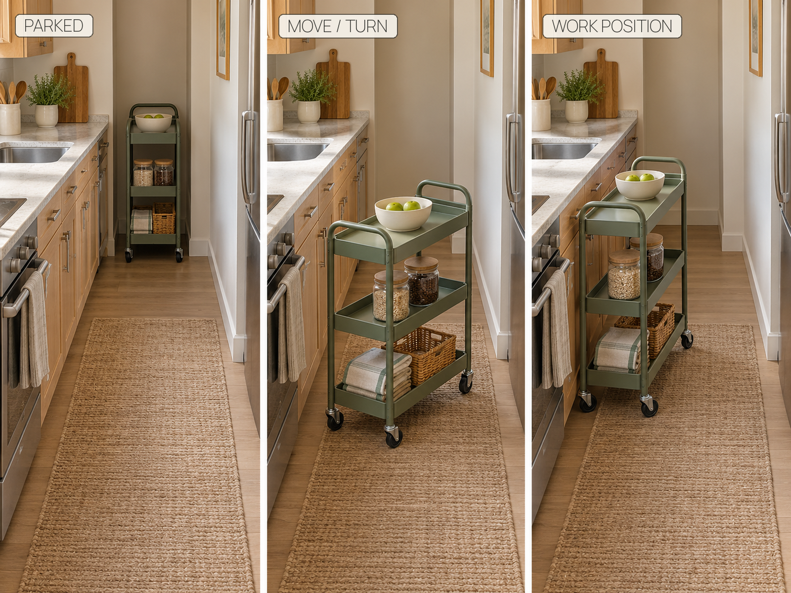 Three-state realistic sequence showing a rolling kitchen cart parked, turning through a compact aisle, and reaching its side-on work position.