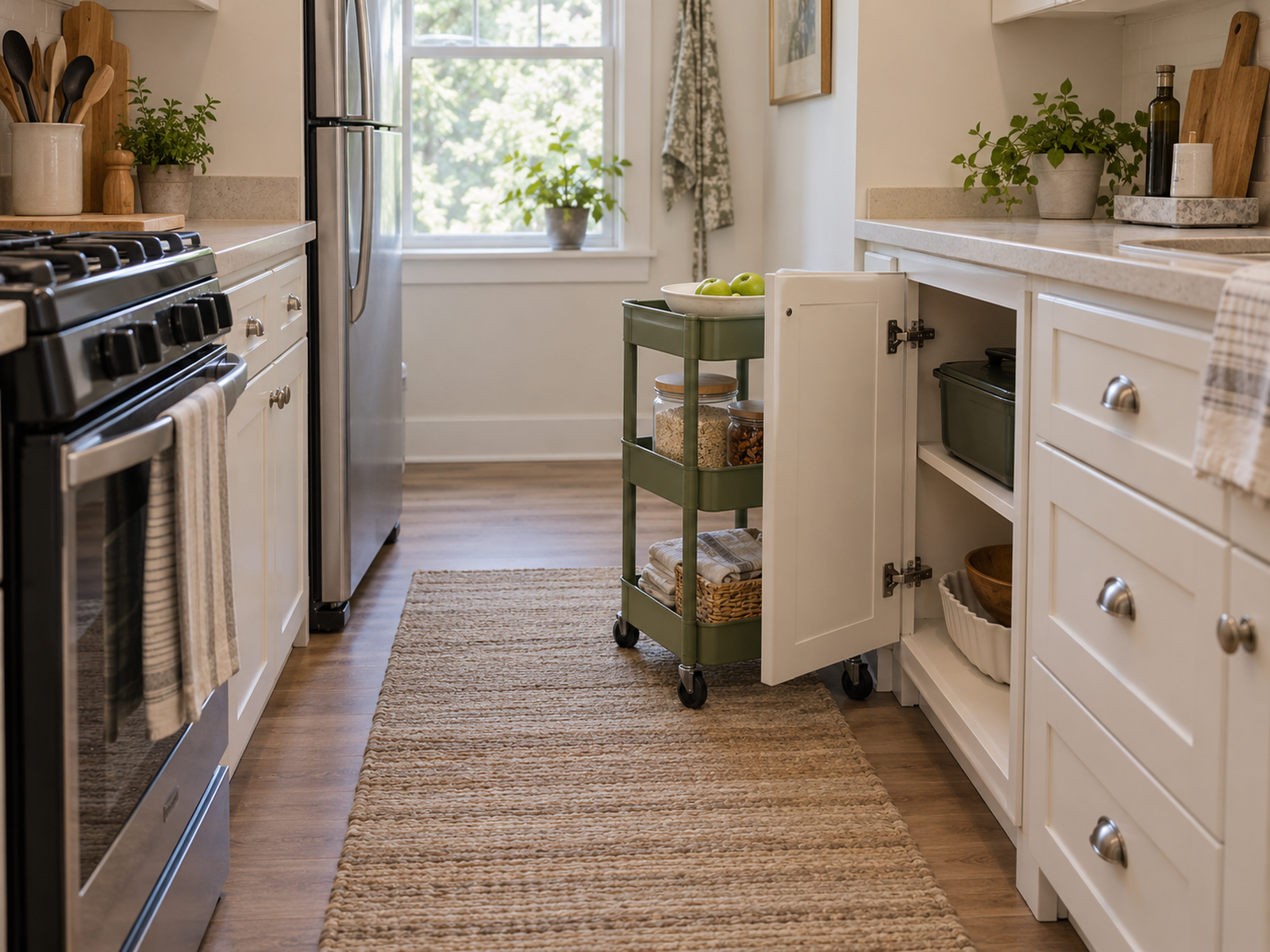 Rolling cart moved slightly aside from a low-frequency kitchen cabinet while the main walkway and critical appliance access remain clear.