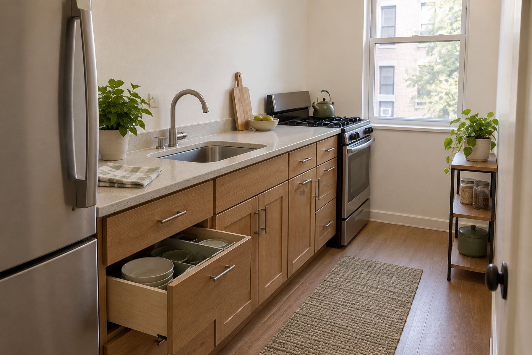 A compact kitchen with no upper cabinets uses an organized lower drawer and one shallow edge shelf while keeping the sink, prep counter, appliances, and aisle clear.