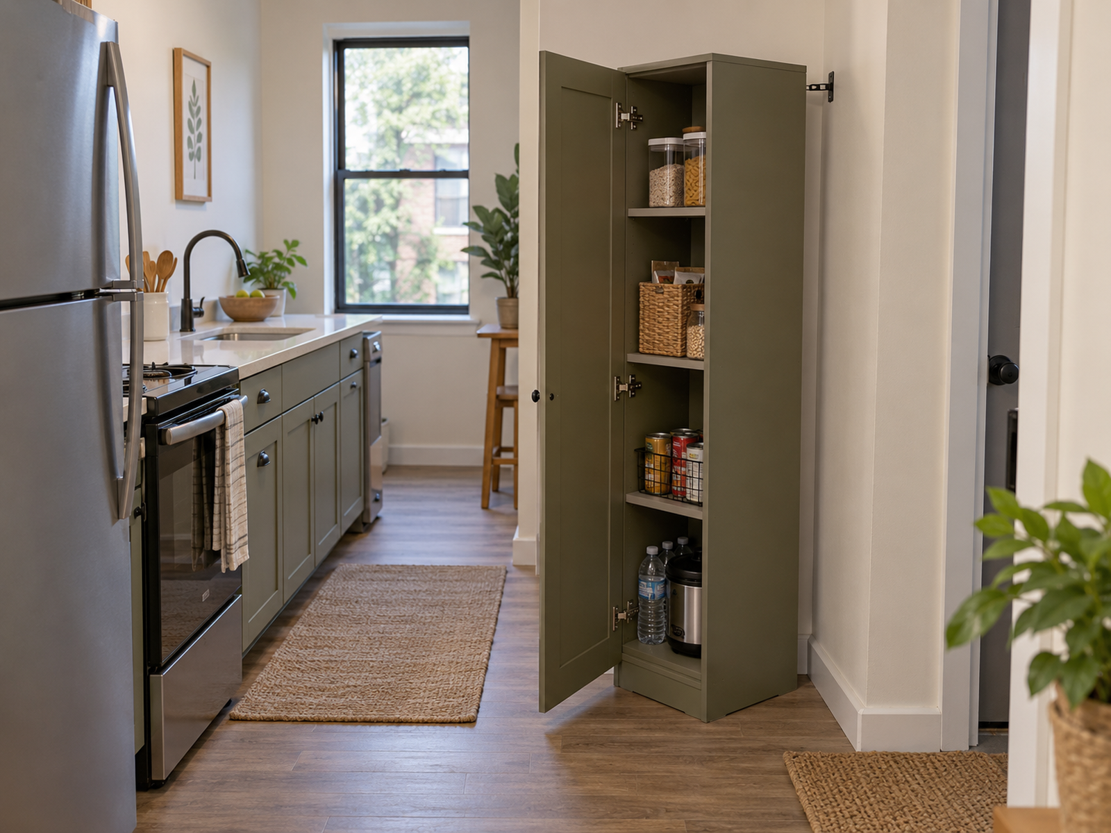 A narrow closed pantry is secured on a small kitchen wall strip, with its door open, heavier supplies stored low, and the appliance aisle left usable.
