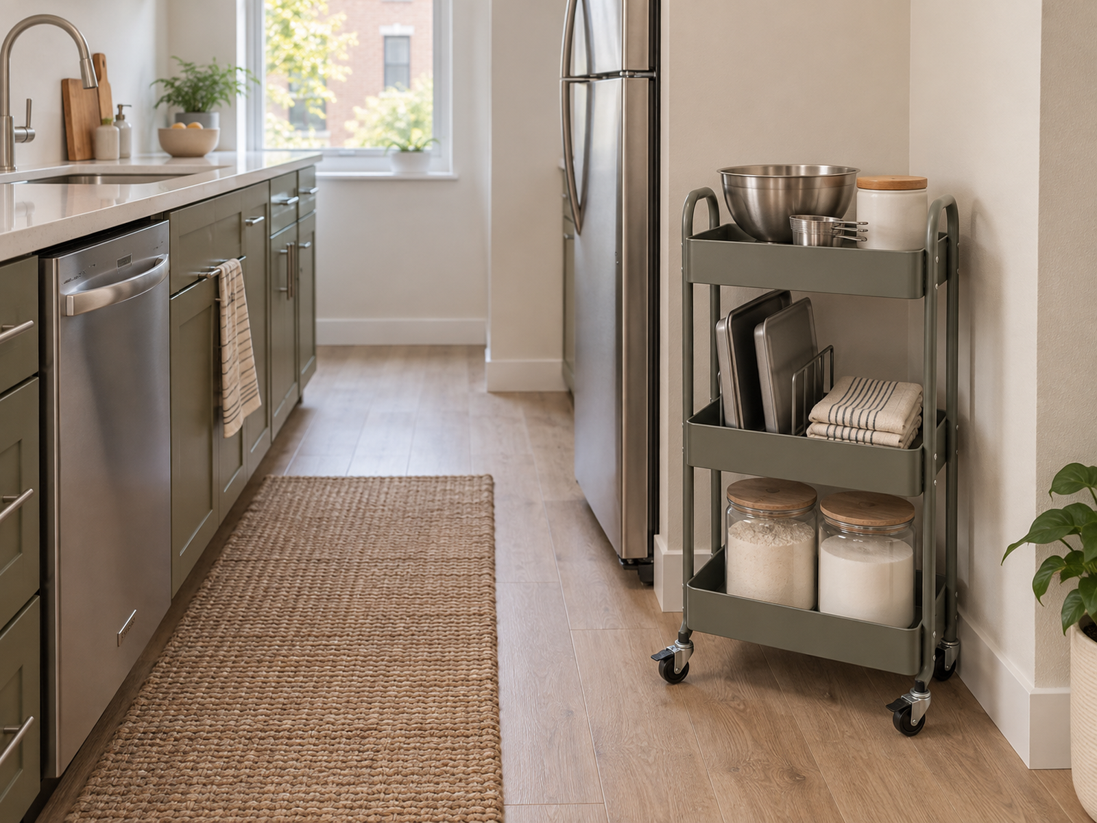 A three-tier baking-supply cart is parked against the edge of a small kitchen, leaving the dishwasher, refrigerator, lower drawers, and main aisle clear.