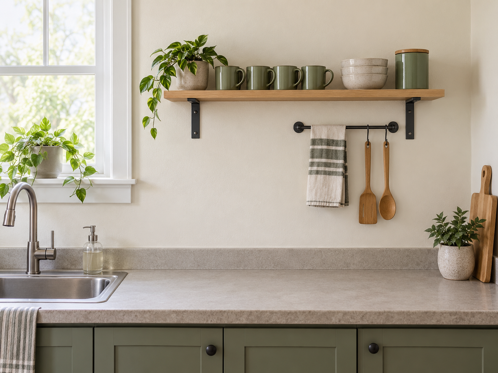 A shallow shelf and short utensil rail use a non-cooking wall in a small kitchen with no upper cabinets while leaving the sink and counter below usable.