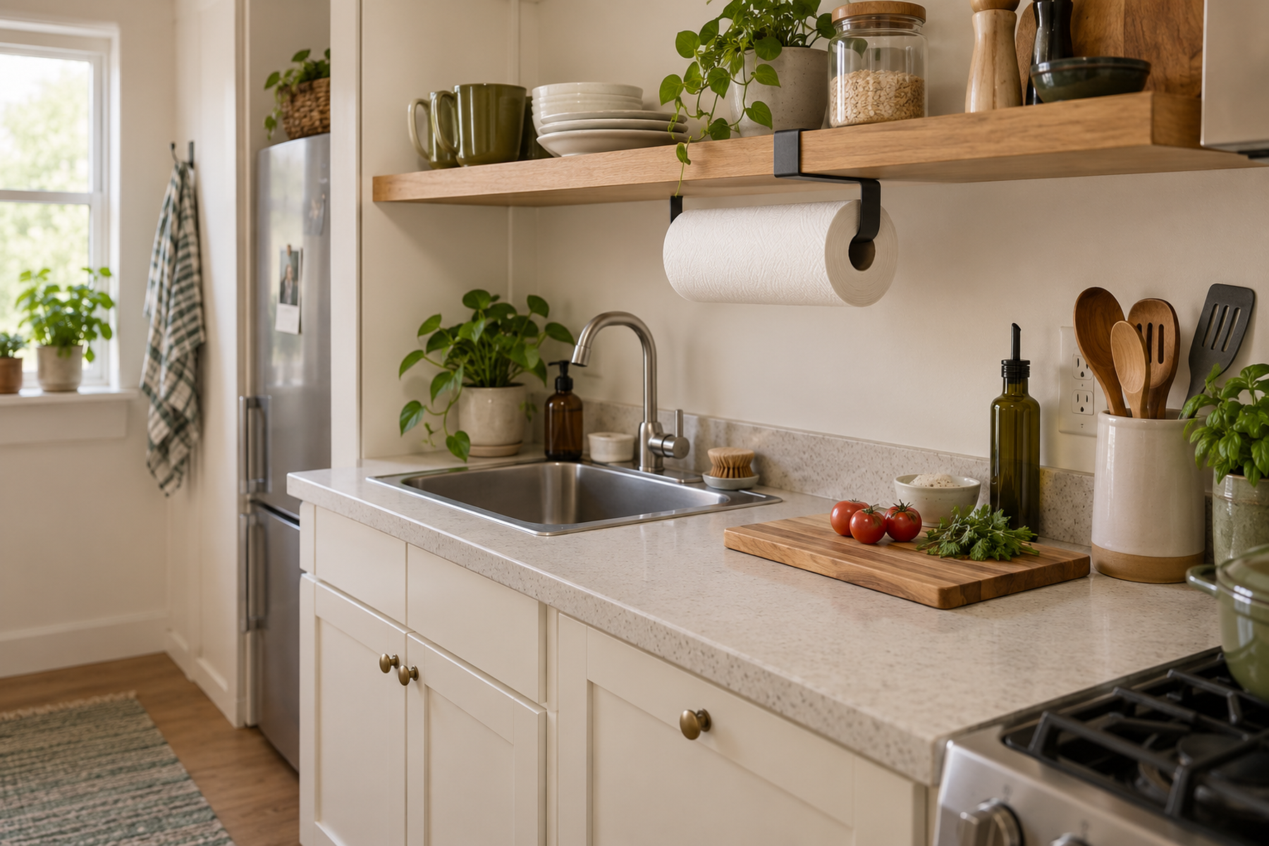 A full paper-towel roll hangs from a removable shelf-edge holder in a small kitchen, leaving the sink-side prep counter usable and the range separated.