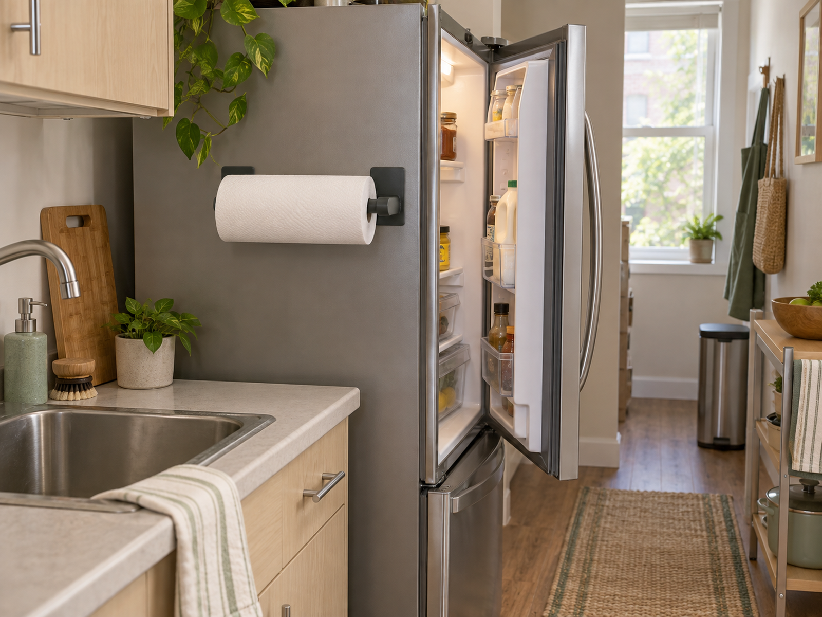 A full paper-towel roll sits on a magnetic holder attached to a refrigerator side near the sink, clear of the open door and narrow walkway.