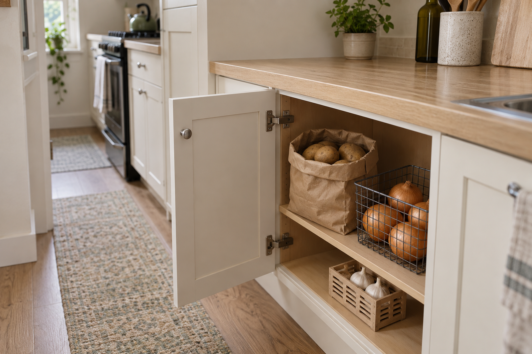 Potatoes, onions, and garlic sit in separate ventilated zones inside a small food-only kitchen cabinet while the prep counter remains usable.