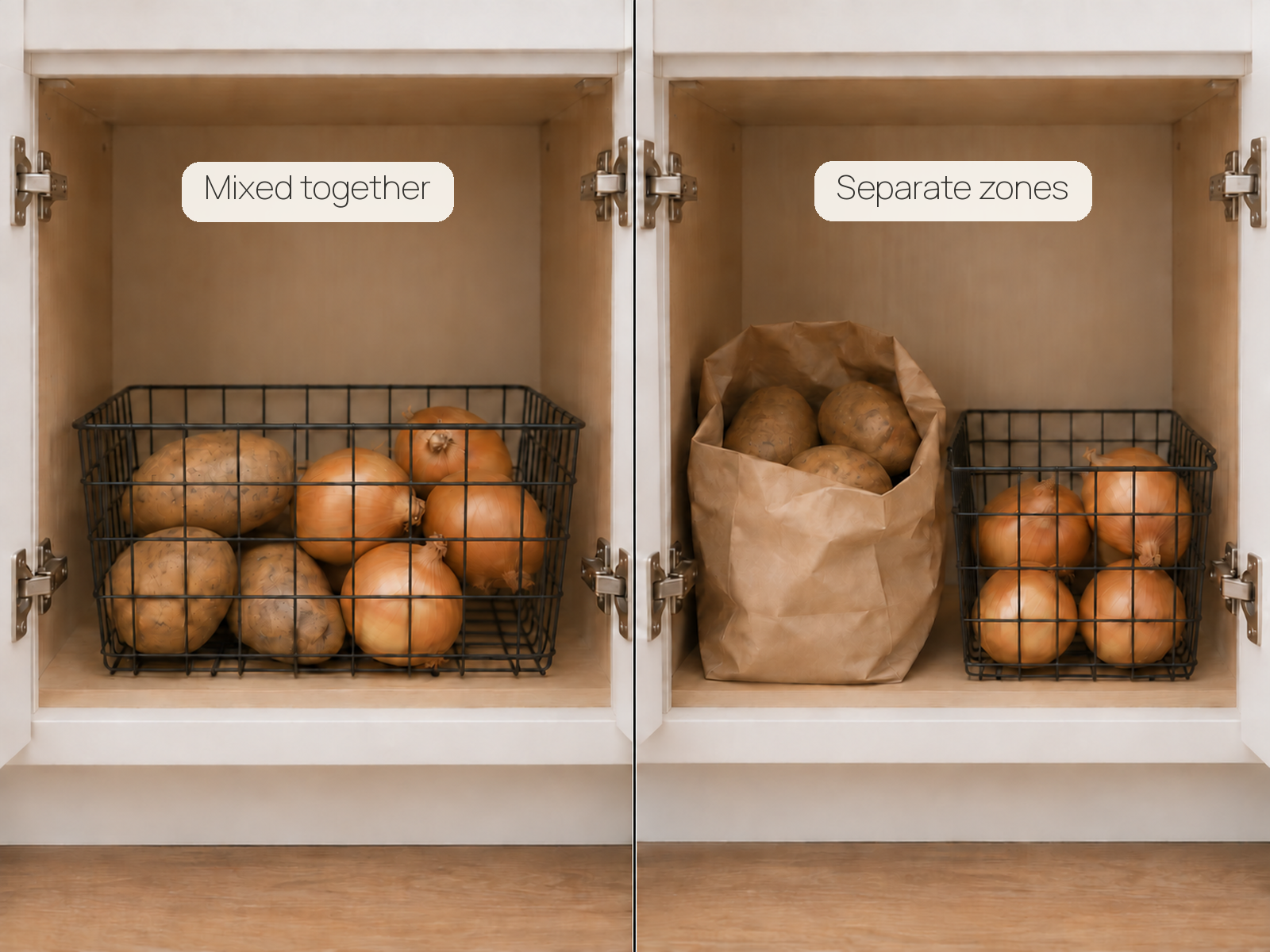 The same three potatoes and four onions are mixed in one basket on the left and stored in separate ventilated zones on the right.
