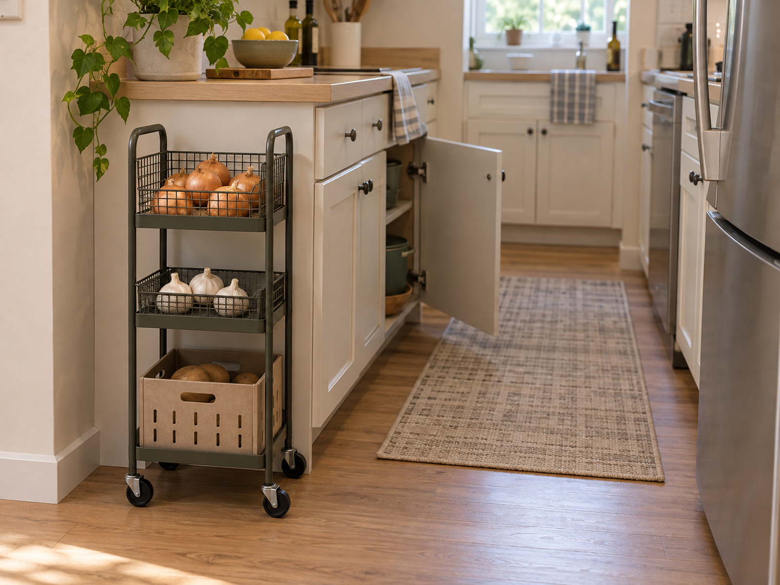 A slim rolling cart stores potatoes, onions, and garlic in separate zones without blocking the walkway or nearby kitchen doors.