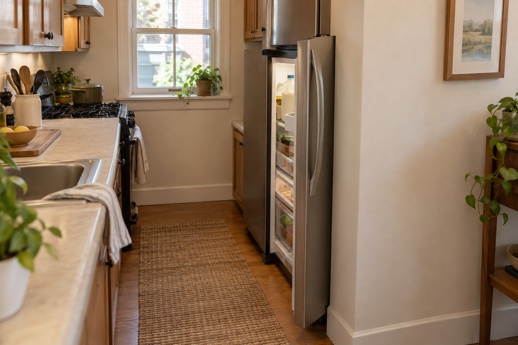 A refrigerator fits its bay in a small kitchen, but its wall-side door stops against a projecting wall before opening fully.