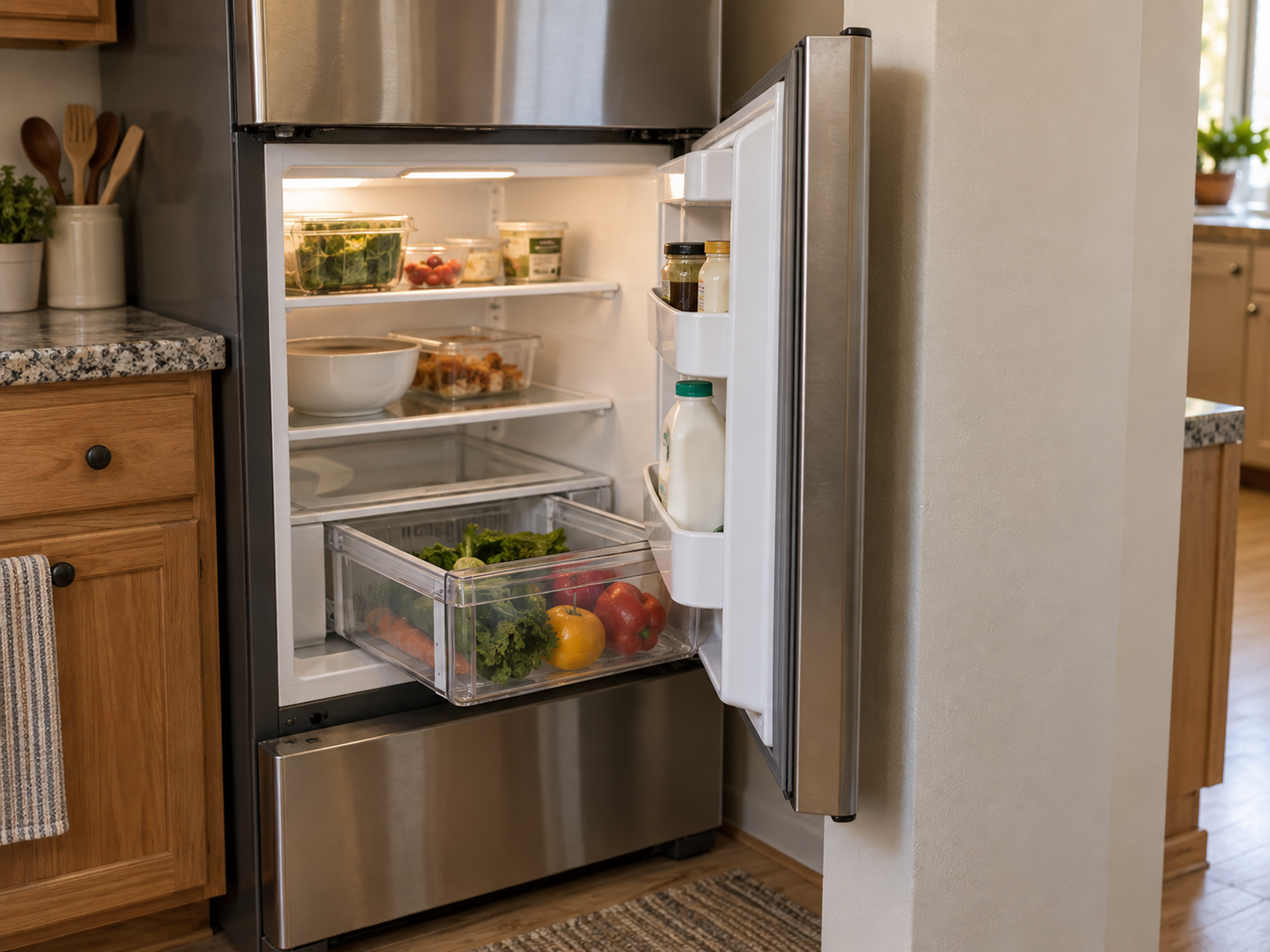 A refrigerator door beside a wall opens only partway while its lower crisper drawer is constrained by the inner door bins.