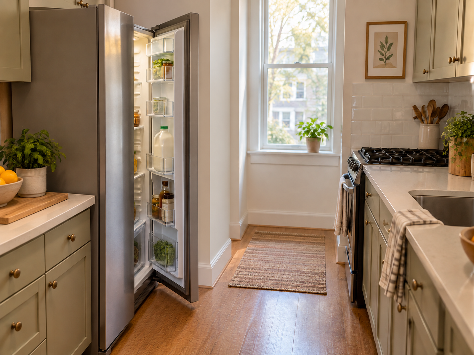 A refrigerator stands slightly forward of the cabinet fronts so its wall-side door clears the wall, while the tighter kitchen aisle remains visible.