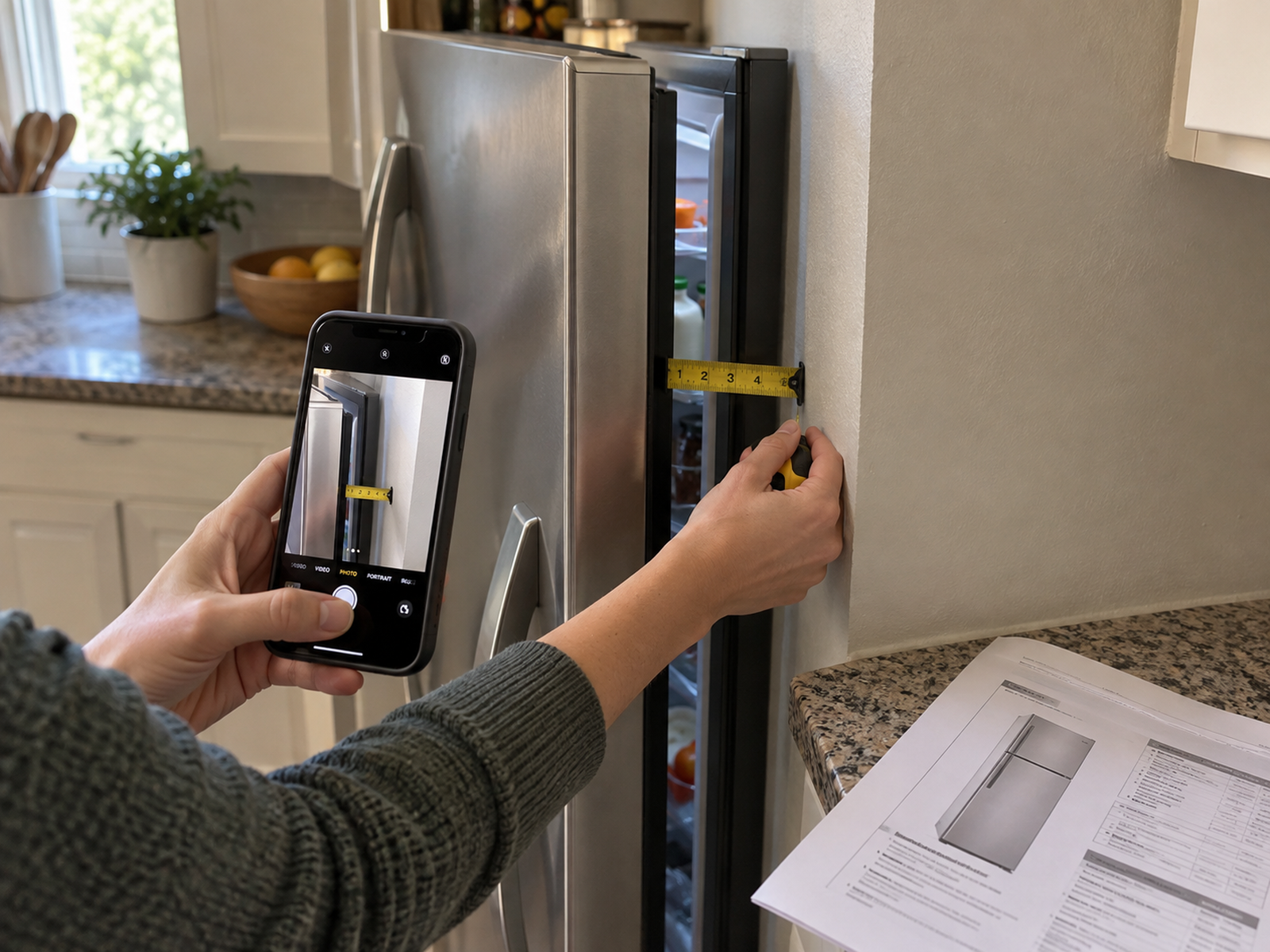 A renter photographs and measures the narrow refrigerator-to-wall gap while a generic appliance specification sheet rests nearby.