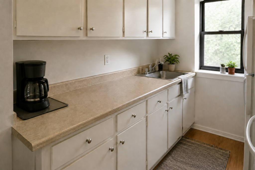 Compact rental kitchen counter with one coffee maker kept at the far end while the central prep area remains clear beside the sink.