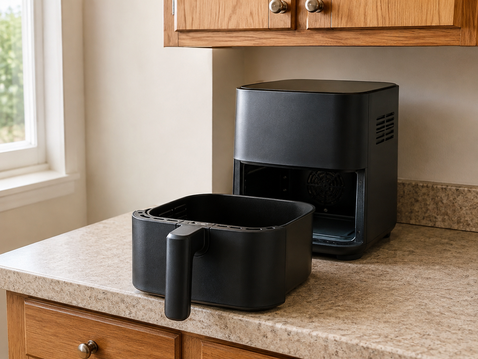 Compact air fryer with its basket pulled forward on the counter, showing how operating space exceeds the appliance’s stored footprint.