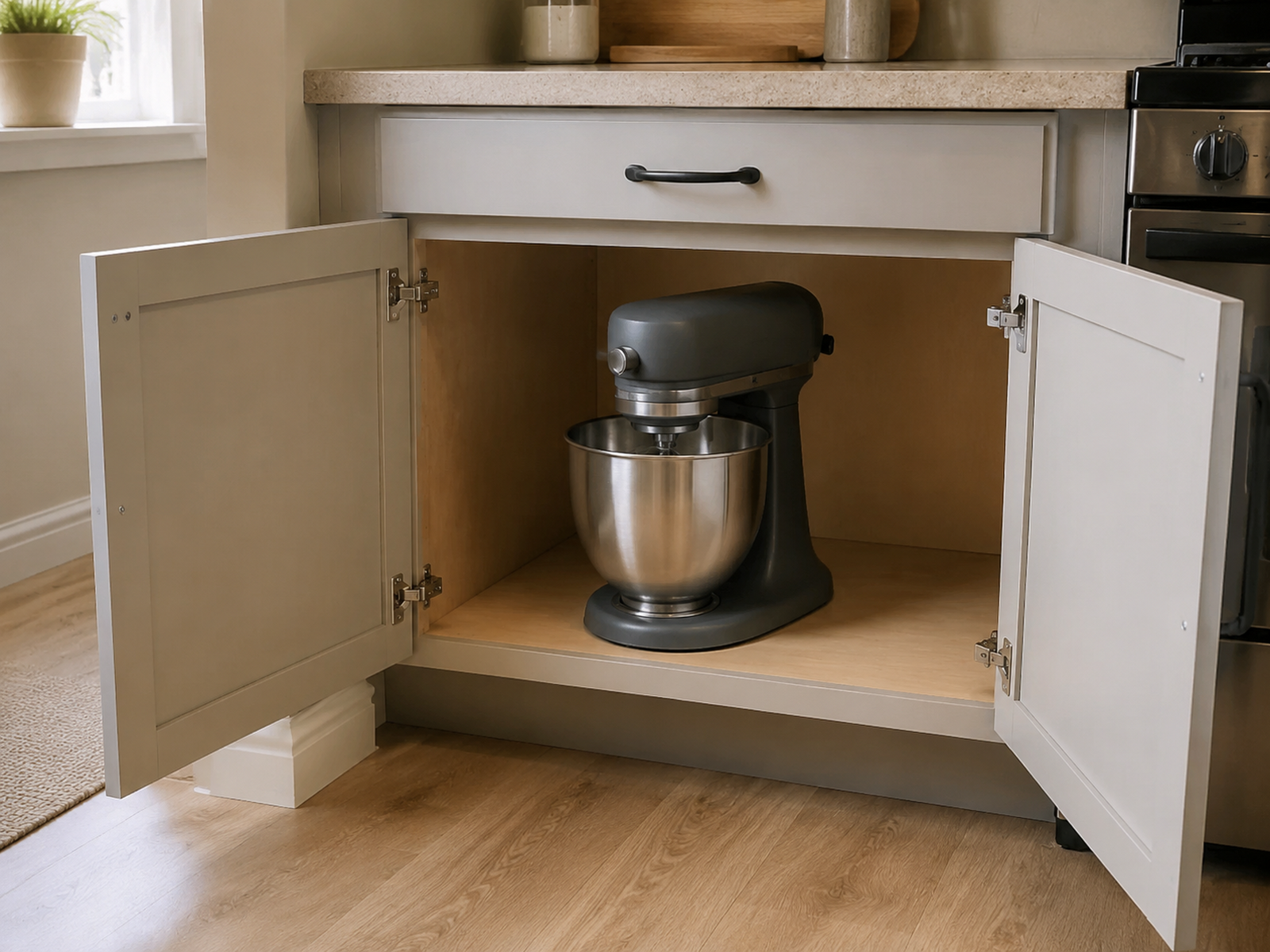 Heavy stand-mixer-style appliance stored near the front of a lower kitchen cabinet with both doors open and a clear retrieval path.