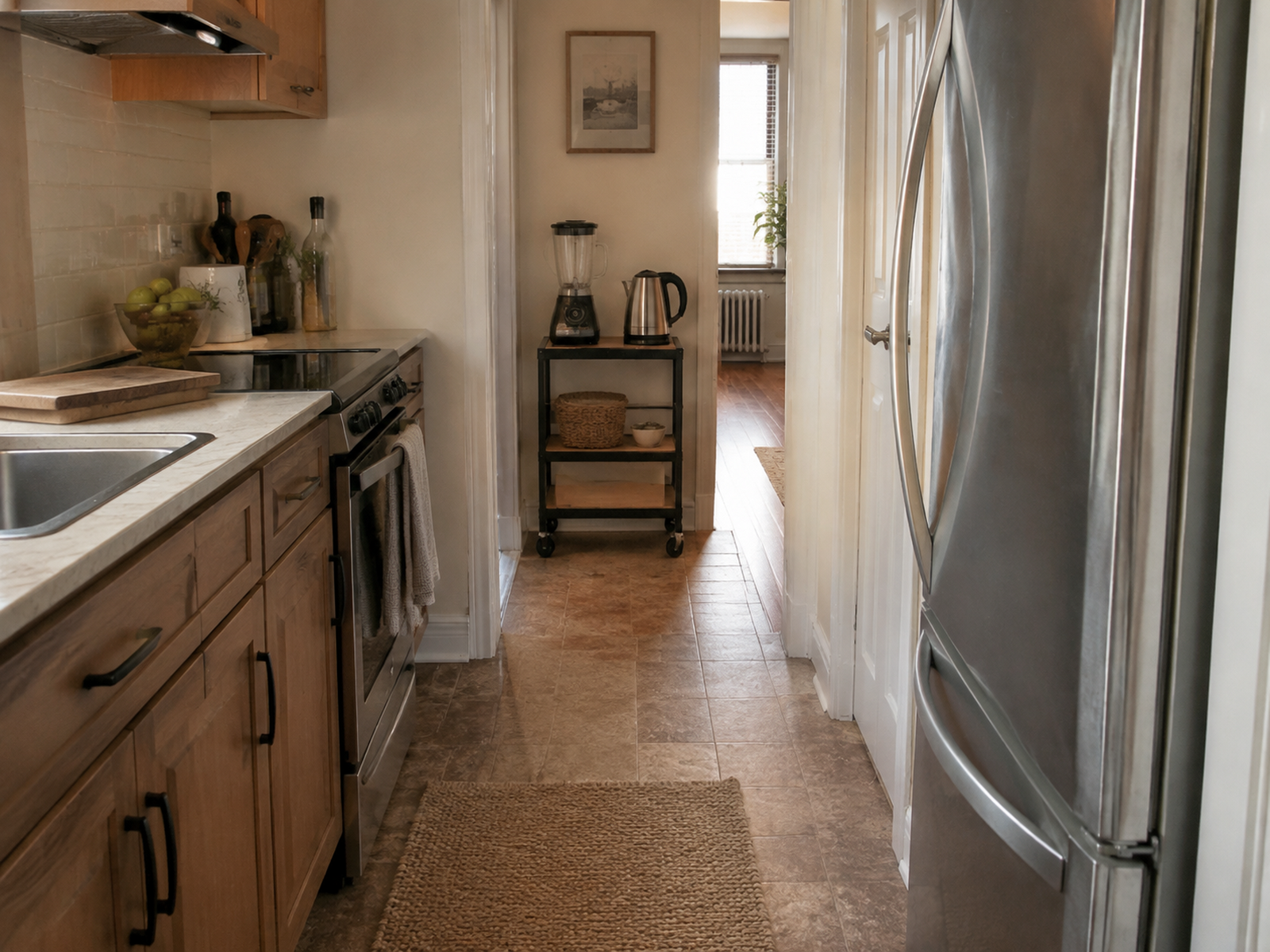 Compact rolling appliance cart parked at the end of a narrow galley kitchen with the main walkway and nearby doors left clear.