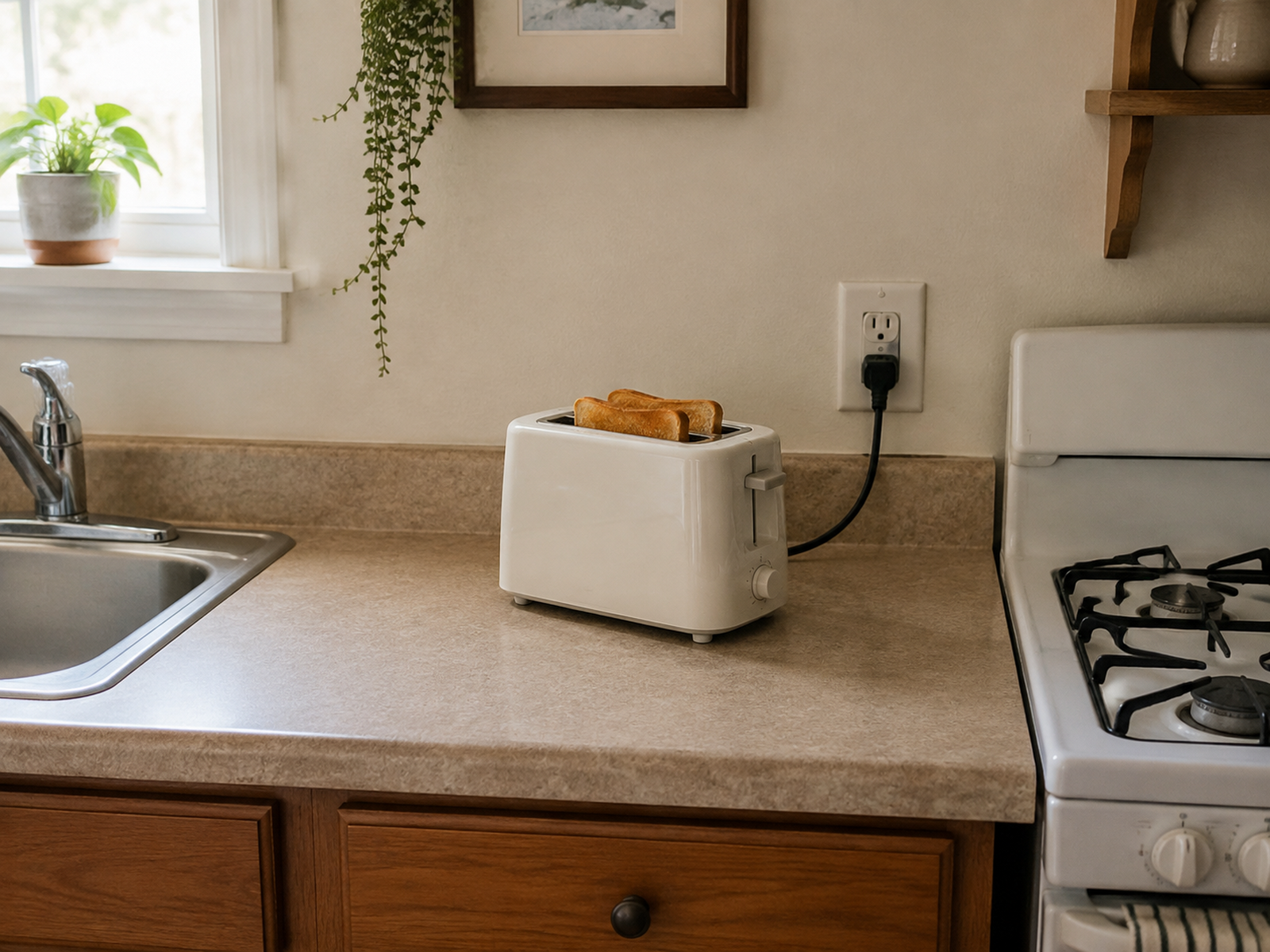 Small toaster on a dry counter with a short cord plugged into a nearby outlet between the sink and cooking area.