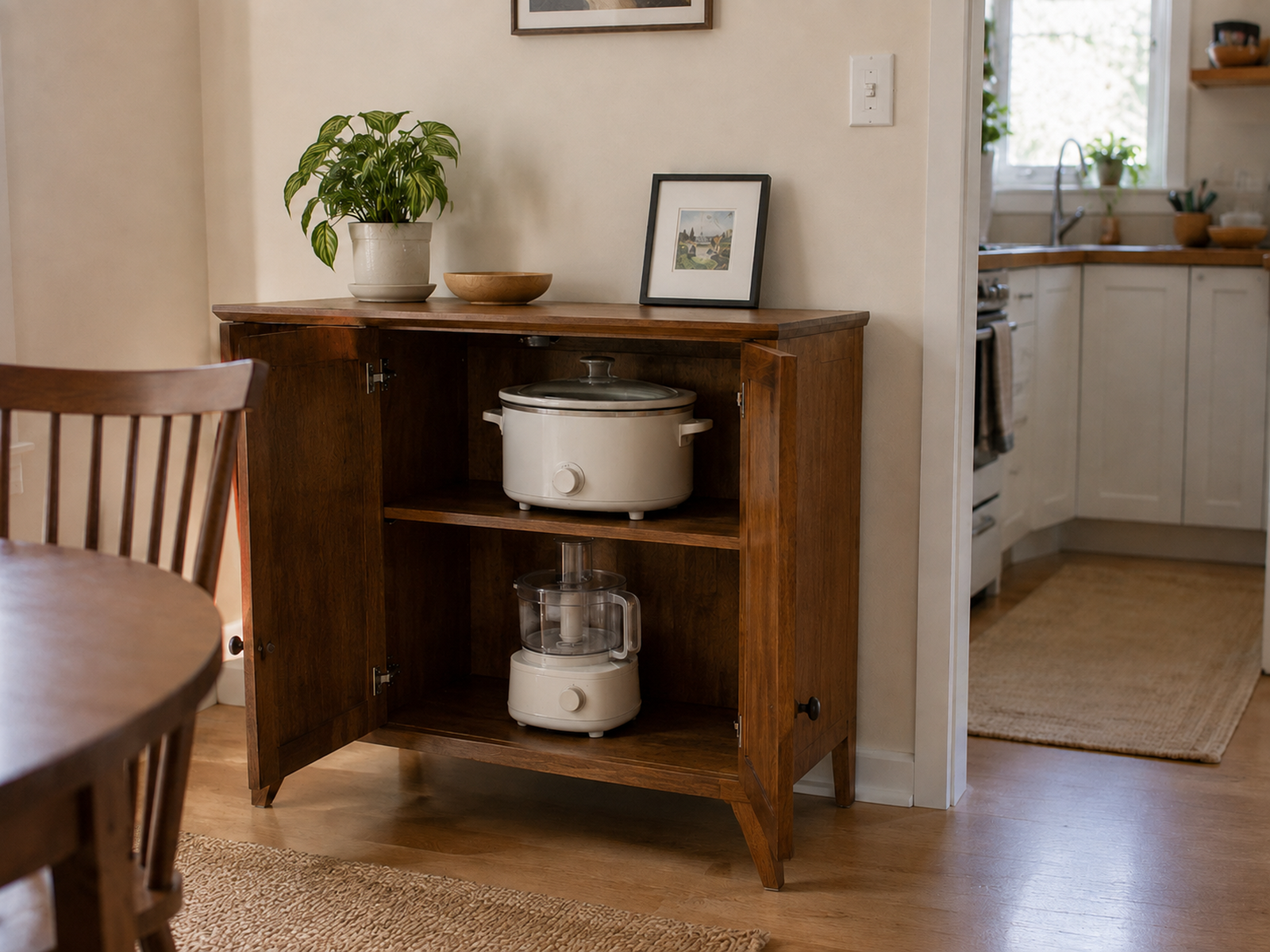 Occasional-use appliances stored on open shelves in a dry dining-room sideboard beside a compact kitchen.