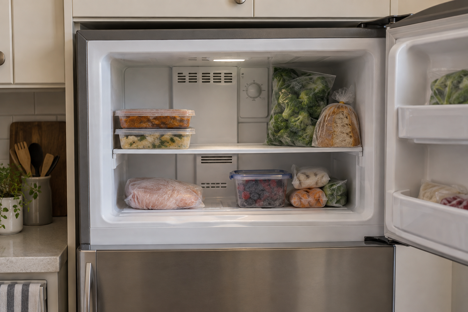 Open compact top freezer with visible meal portions, frozen vegetables, bread, protein, berries, clear vents, and open space reserved for newly added food.