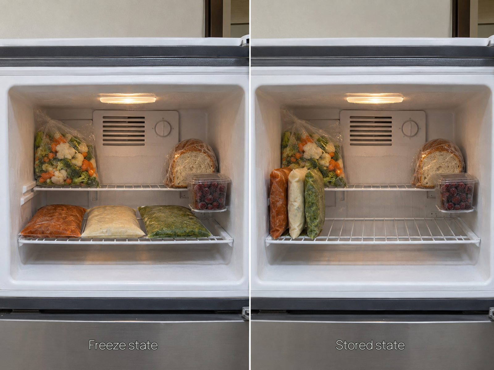 The same compact freezer shown with three meal packages spaced apart while freezing and then consolidated upright after freezing, with older foods unchanged.