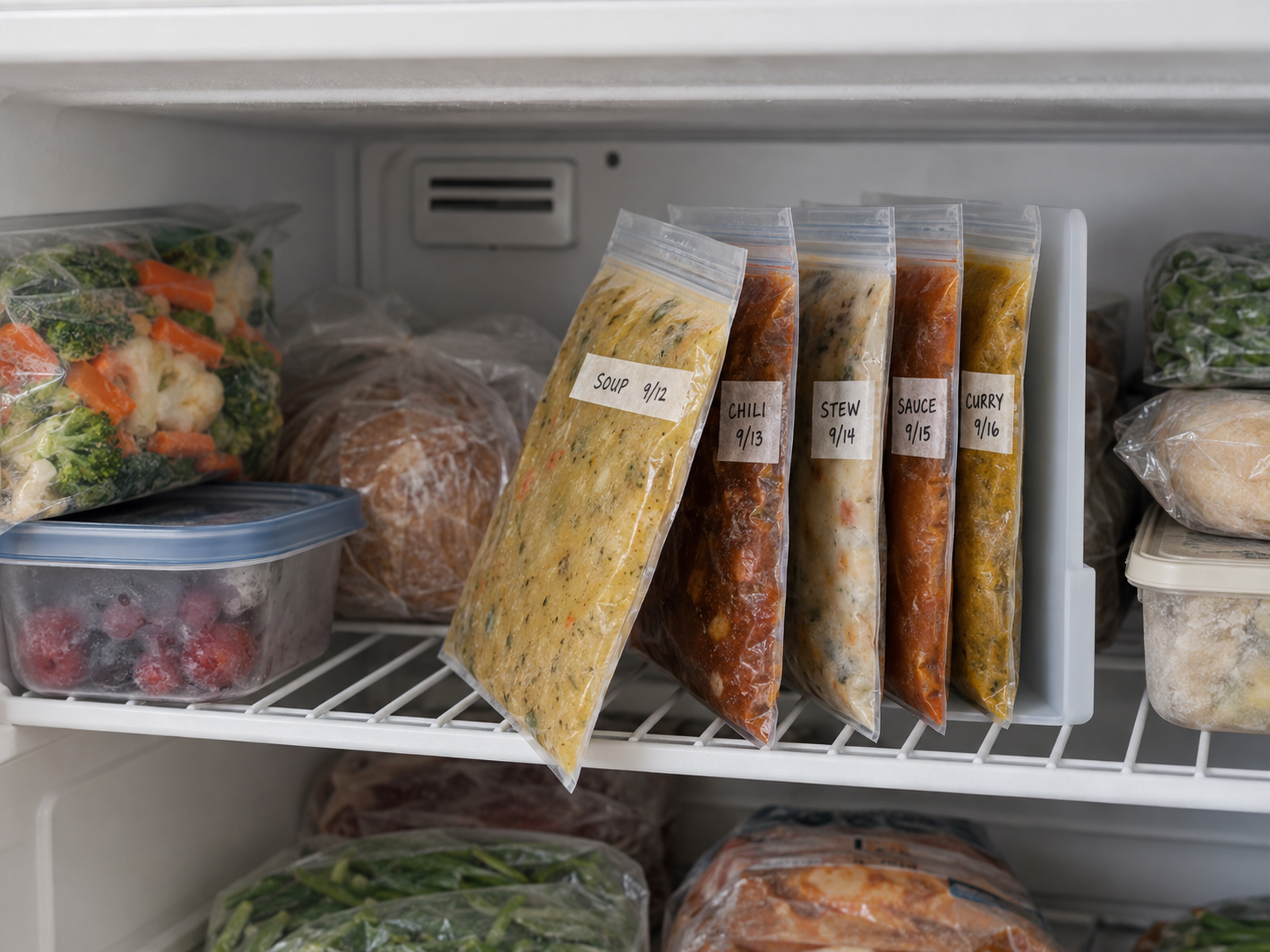 Five labeled meal-size frozen packages stand upright in one freezer zone while one package is pulled forward and the remaining row stays supported.