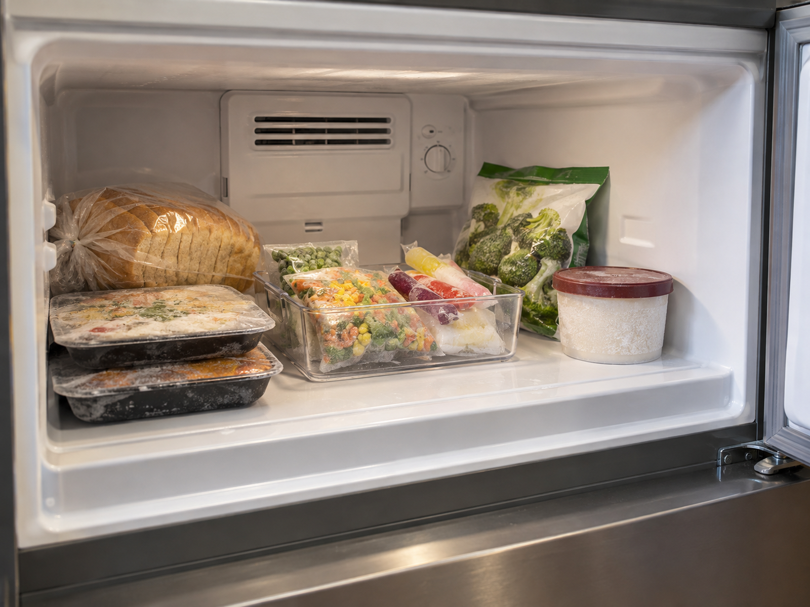 A compact top freezer uses one shallow clear bin for loose frozen packets while bread, meal portions, vegetables, and a tub remain directly visible outside it.