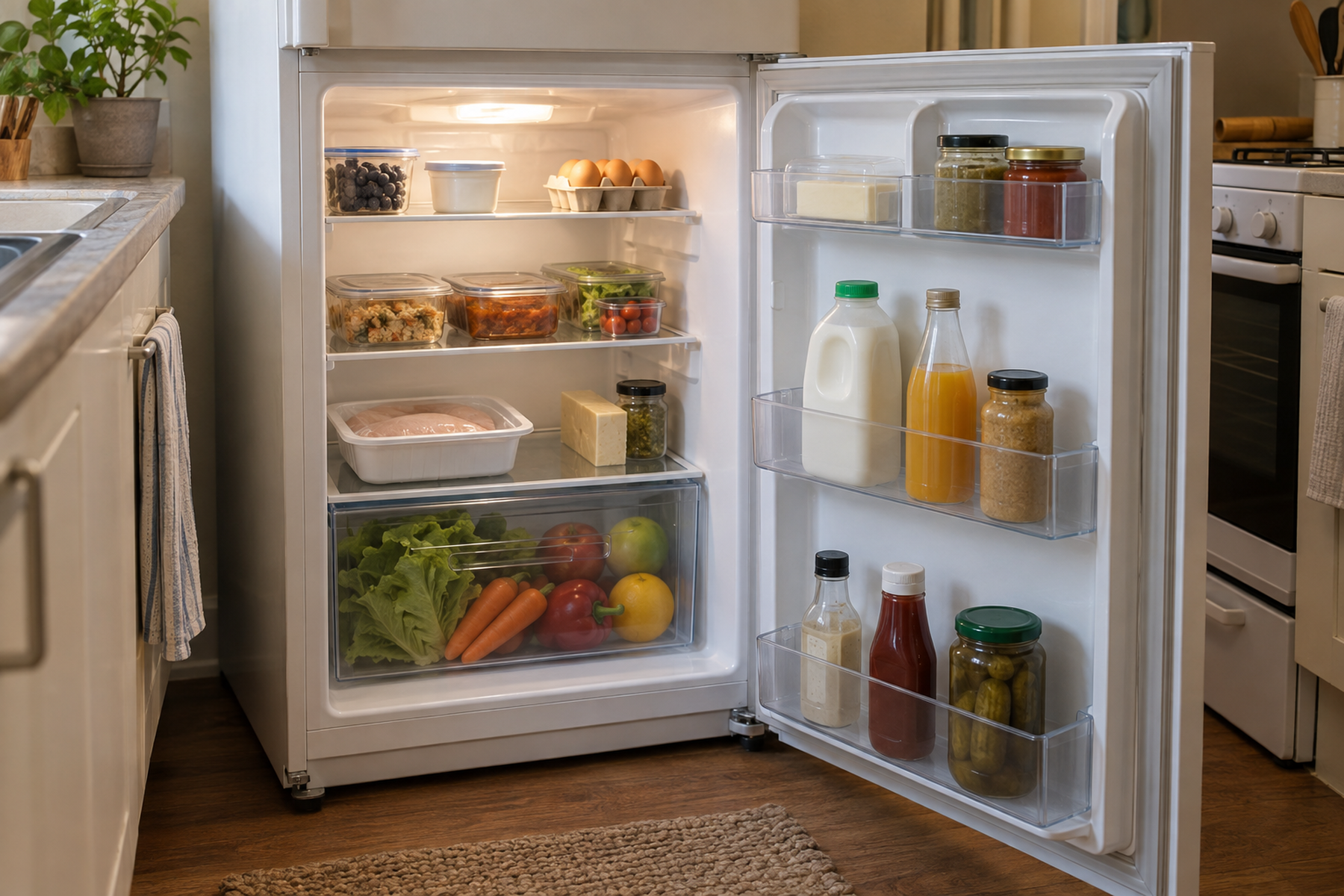 Open compact refrigerator in a narrow kitchen with visible leftovers, sealed poultry in a tray, produce in the crisper, lightly filled door bins, and open shelf gaps.