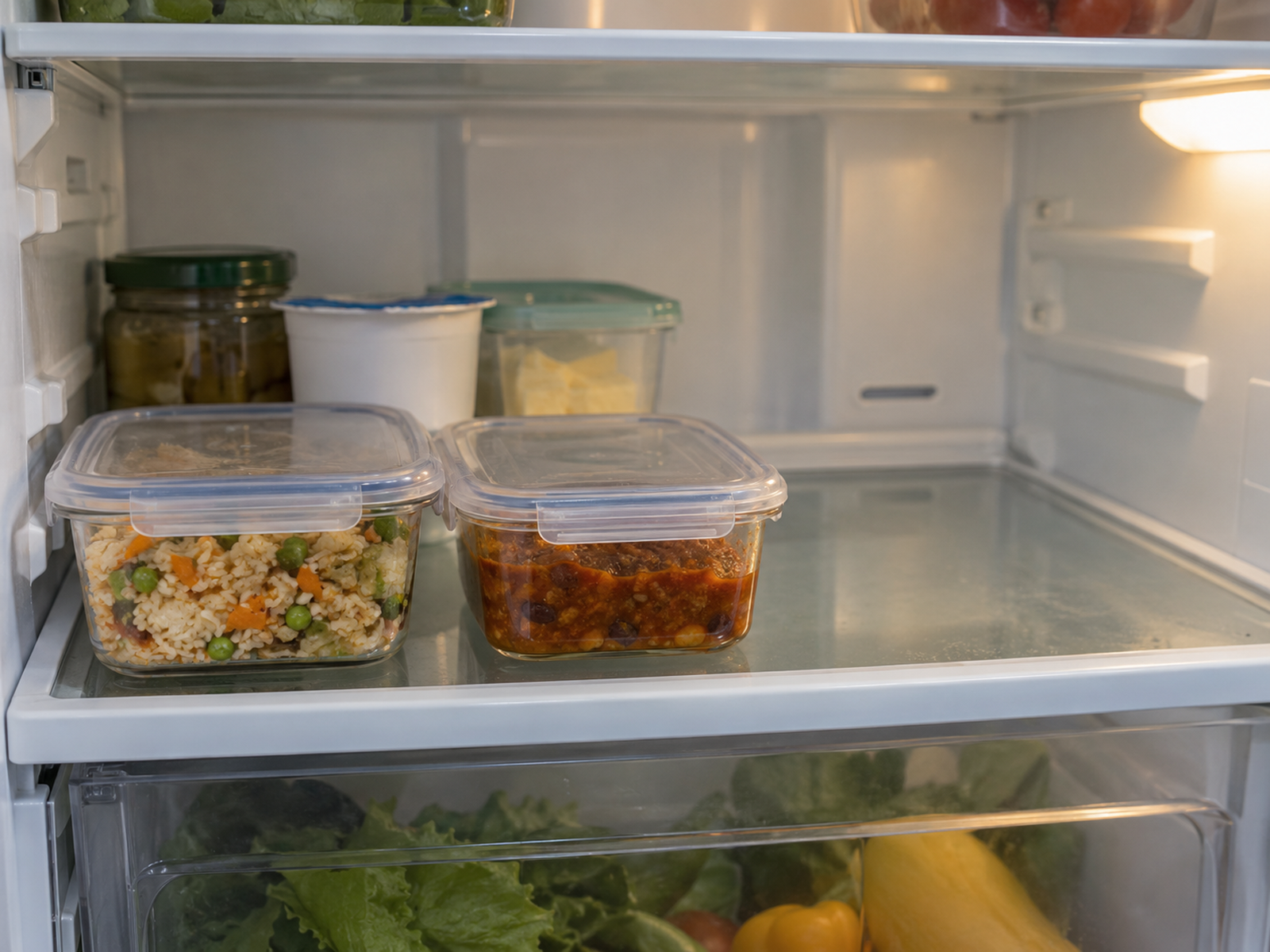 Two shallow clear leftover containers sit at the front of a small refrigerator shelf with a few ready-to-eat foods nearby and open flexible space beside them.