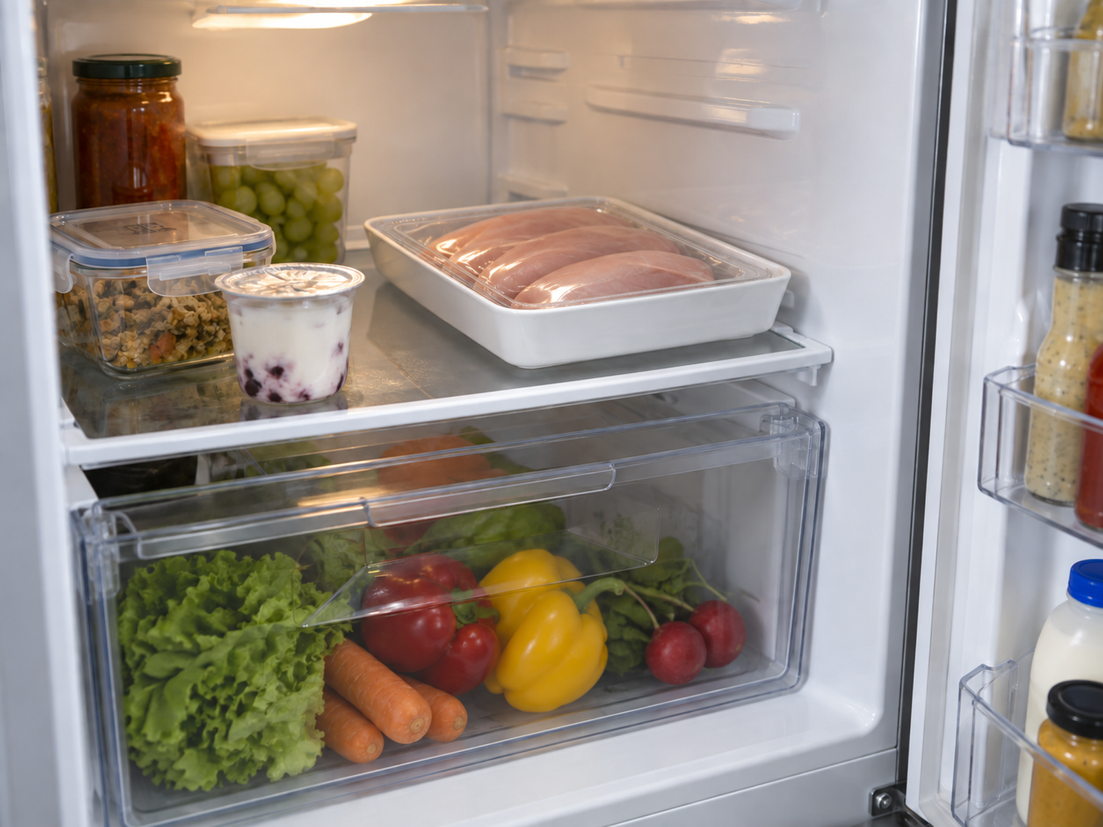 A clear factory-sealed poultry pack rests inside a washable raised-lip tray, separated from covered ready-to-eat food and produce in the crisper.