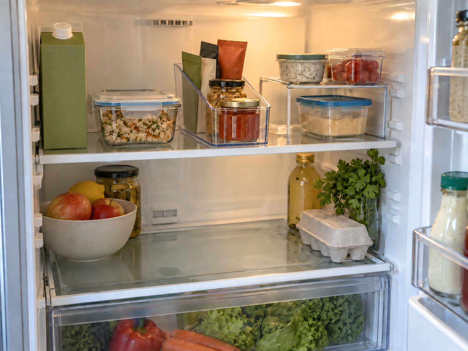 A compact refrigerator uses one narrow clear bin for small packets and jars plus one low shelf riser while most shelf space remains open and flexible.