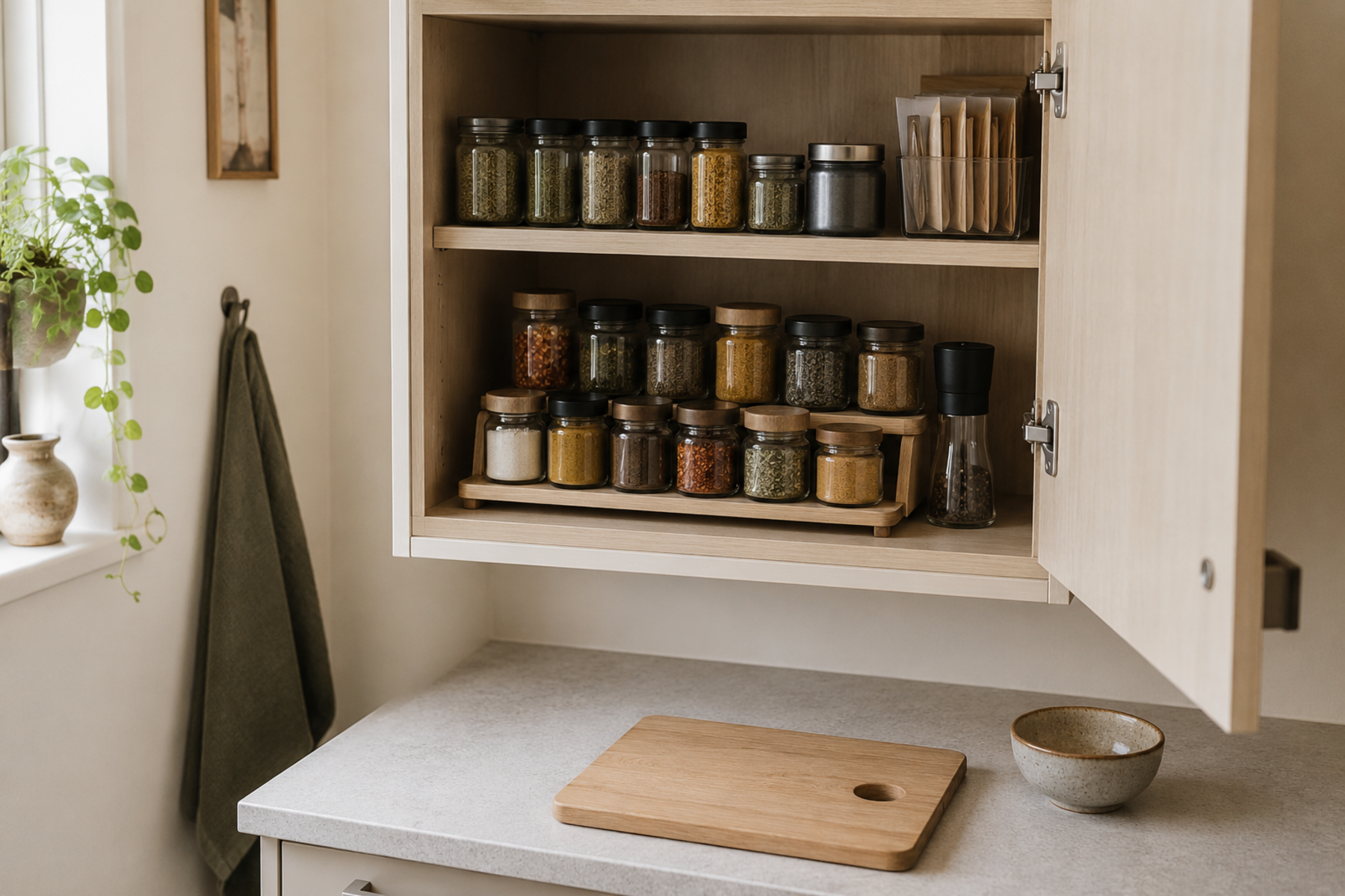 A compact kitchen cabinet holds a bounded mix of spice jars on accessible shelves and a small upright packet file, while the prep counter below remains clear.