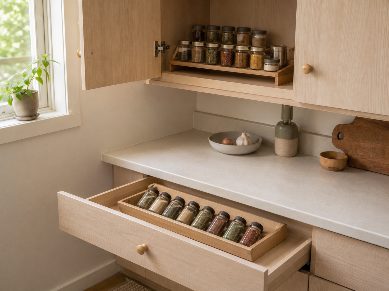 Frequently used spice jars rest in a low angled insert inside a shallow kitchen drawer, with occasional spices stored separately in the open cabinet above.