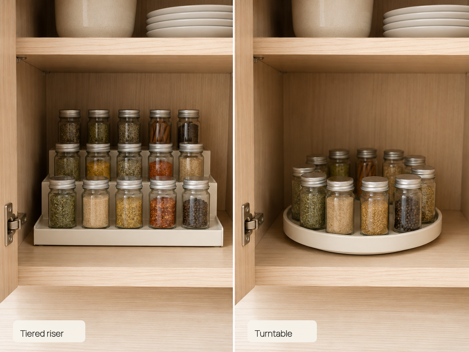 The same small spice cabinet is shown with jars on a three-level tiered riser in one view and on a circular turntable in the other.