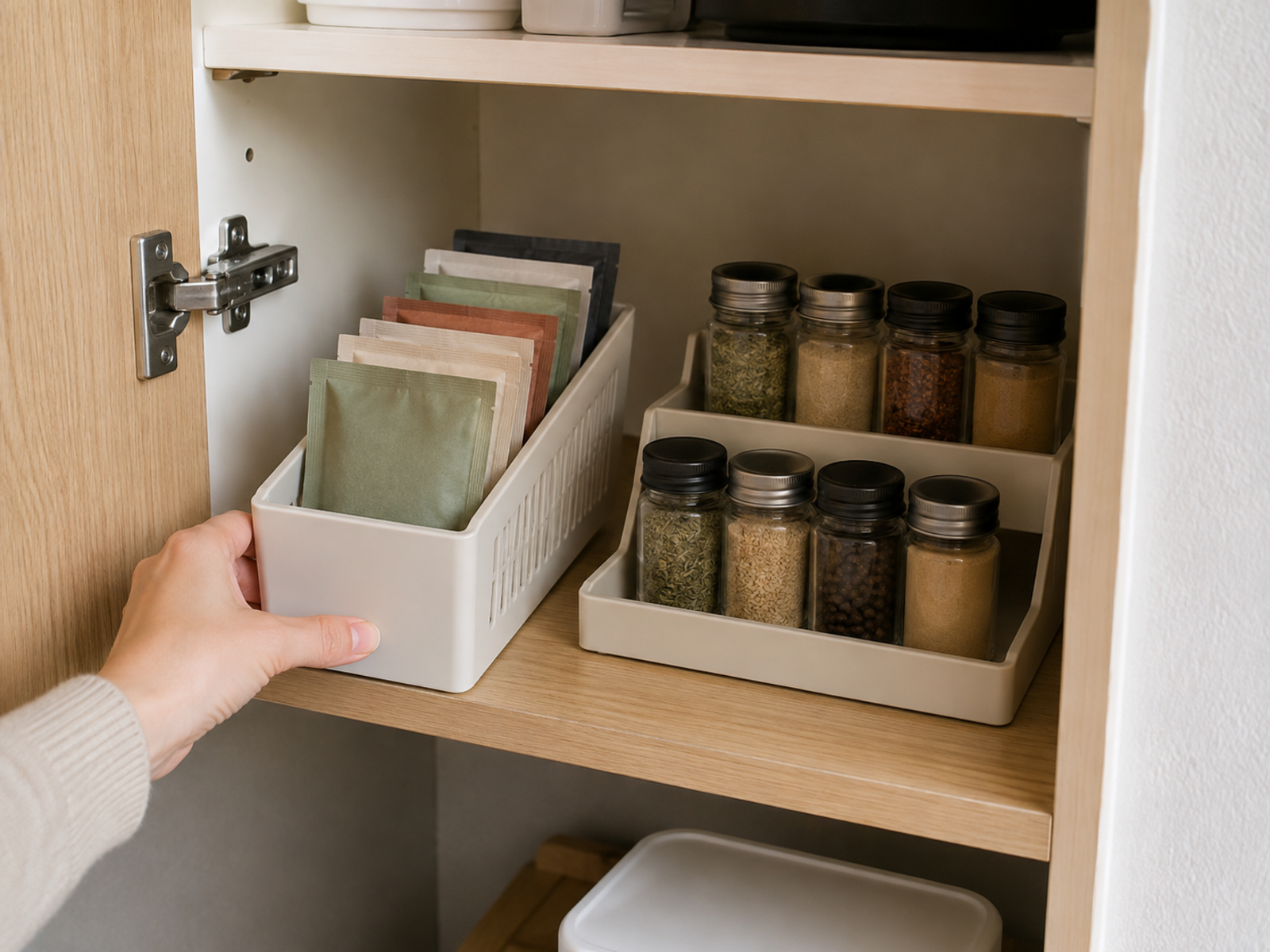 Generic spice packets stand upright in a shallow pull-out bin beside spice jars stored separately on a low riser inside a small kitchen cabinet.