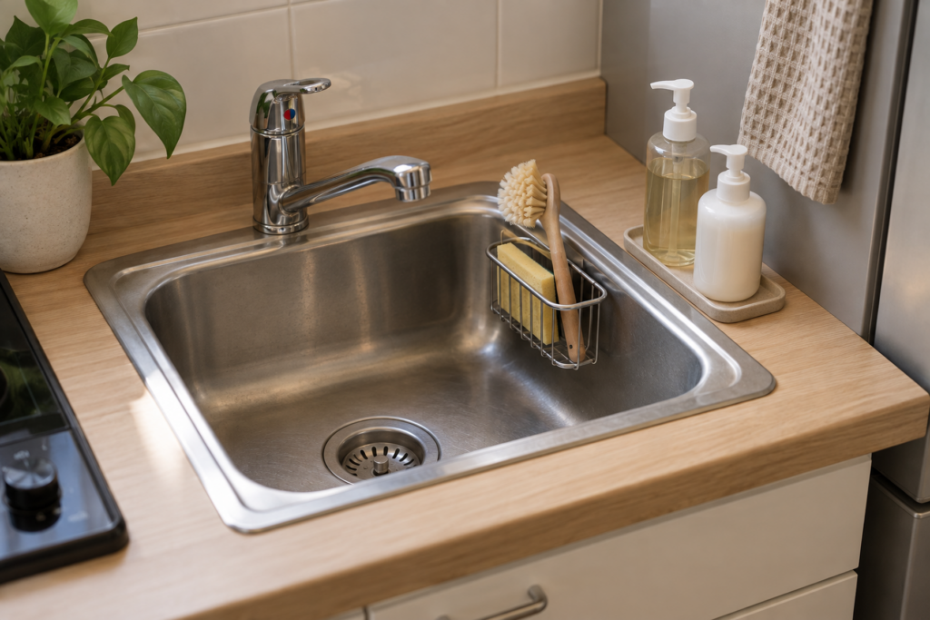 How to Organize a Sponge and Dish Soap Around a Tiny Kitchen Sink