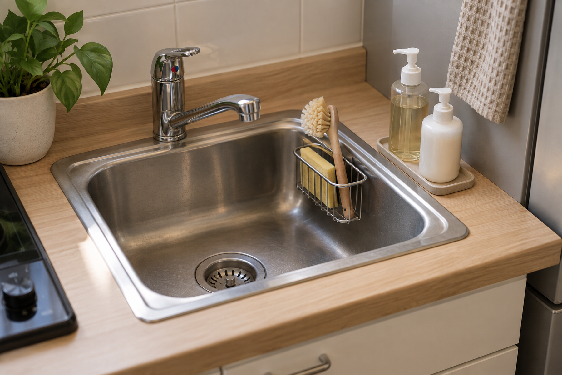 A tiny stainless-steel kitchen sink with dish soap and hand soap on a narrow tray and a sponge and brush draining in an open wire holder inside the basin.