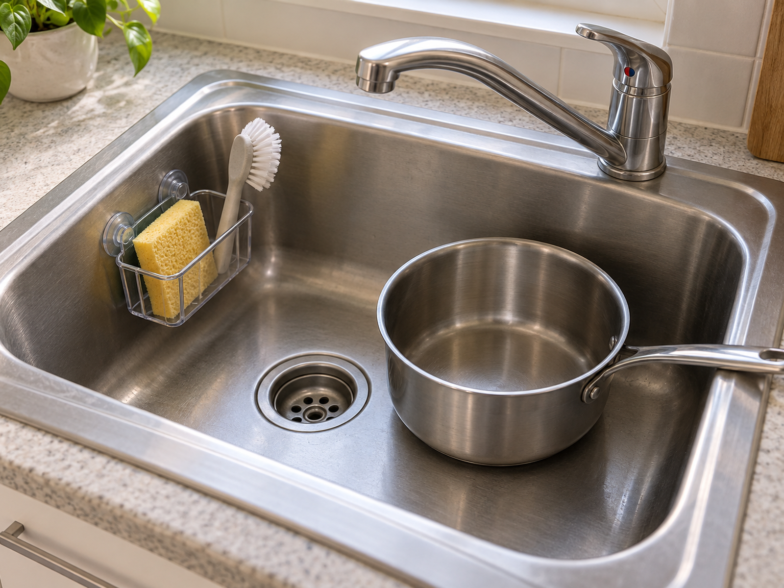 A suction-mounted sponge and brush holder on a flat wall of a compact sink, with an open drain, movable faucet, and room for a medium saucepan.