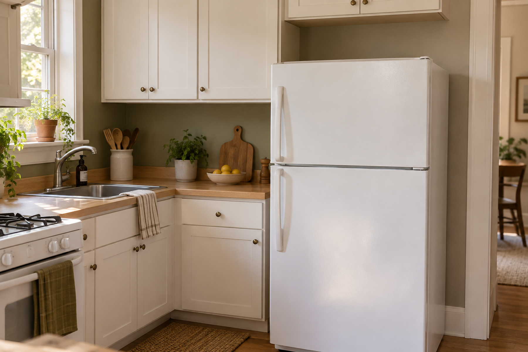 Compact kitchen with a freestanding refrigerator and a clear open zone above it awaiting model-specific clearance checks.
