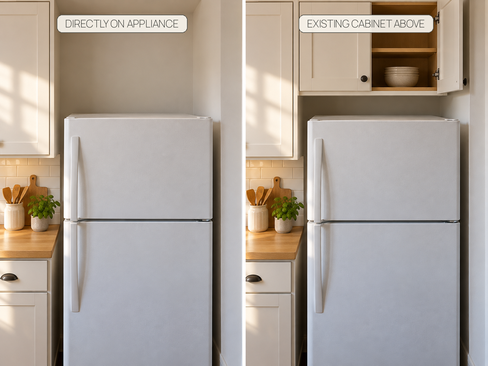Comparison between a refrigerator’s clear direct top surface and an existing cabinet above a similar refrigerator separated by an open air gap.
