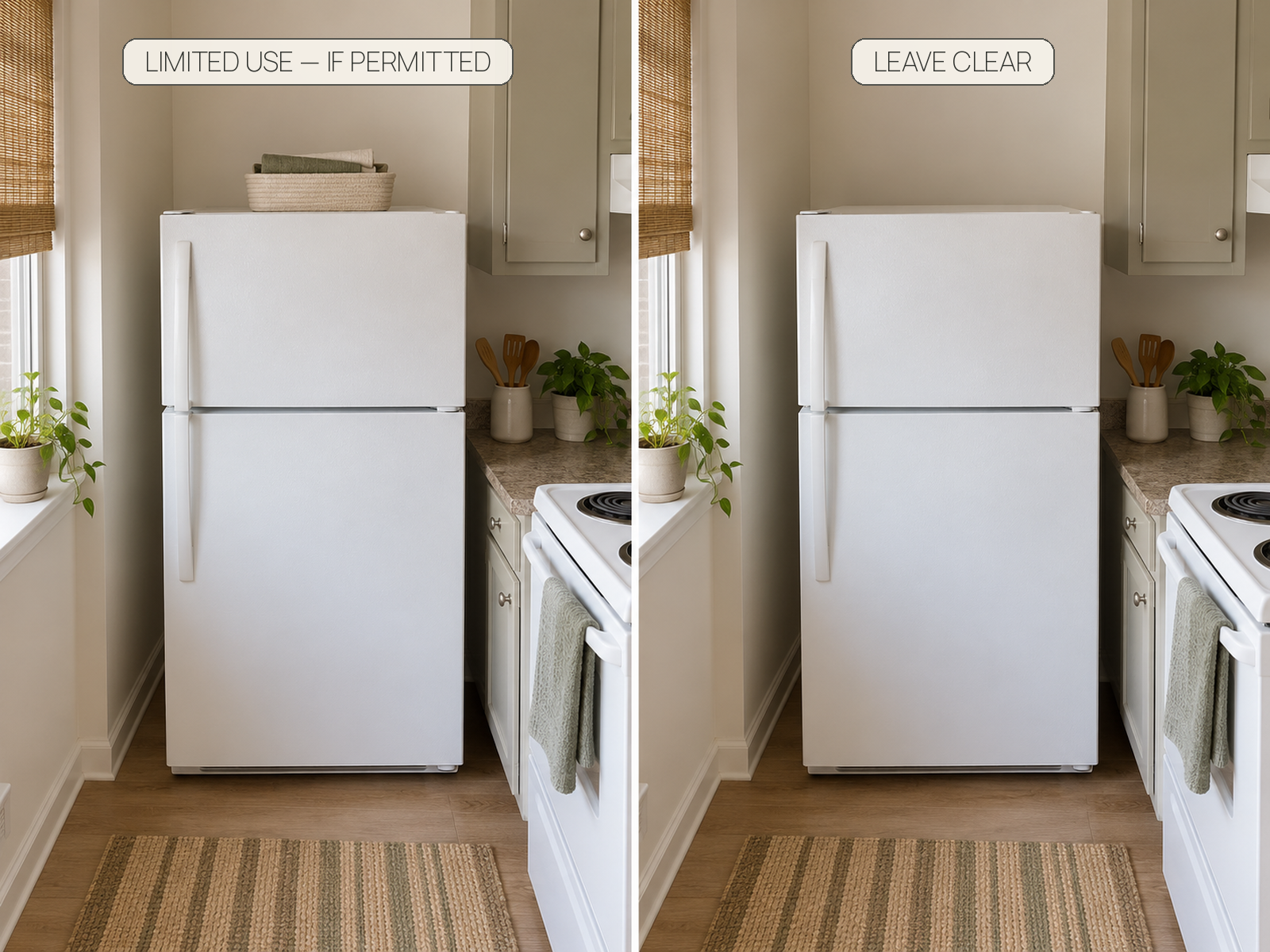 Comparison of a refrigerator top with one limited lightweight storage category when permitted and the same type of refrigerator intentionally left clear.