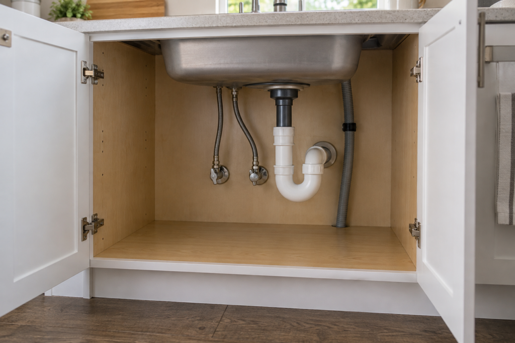 How to Organize Under a Small Kitchen Sink Around Plumbing