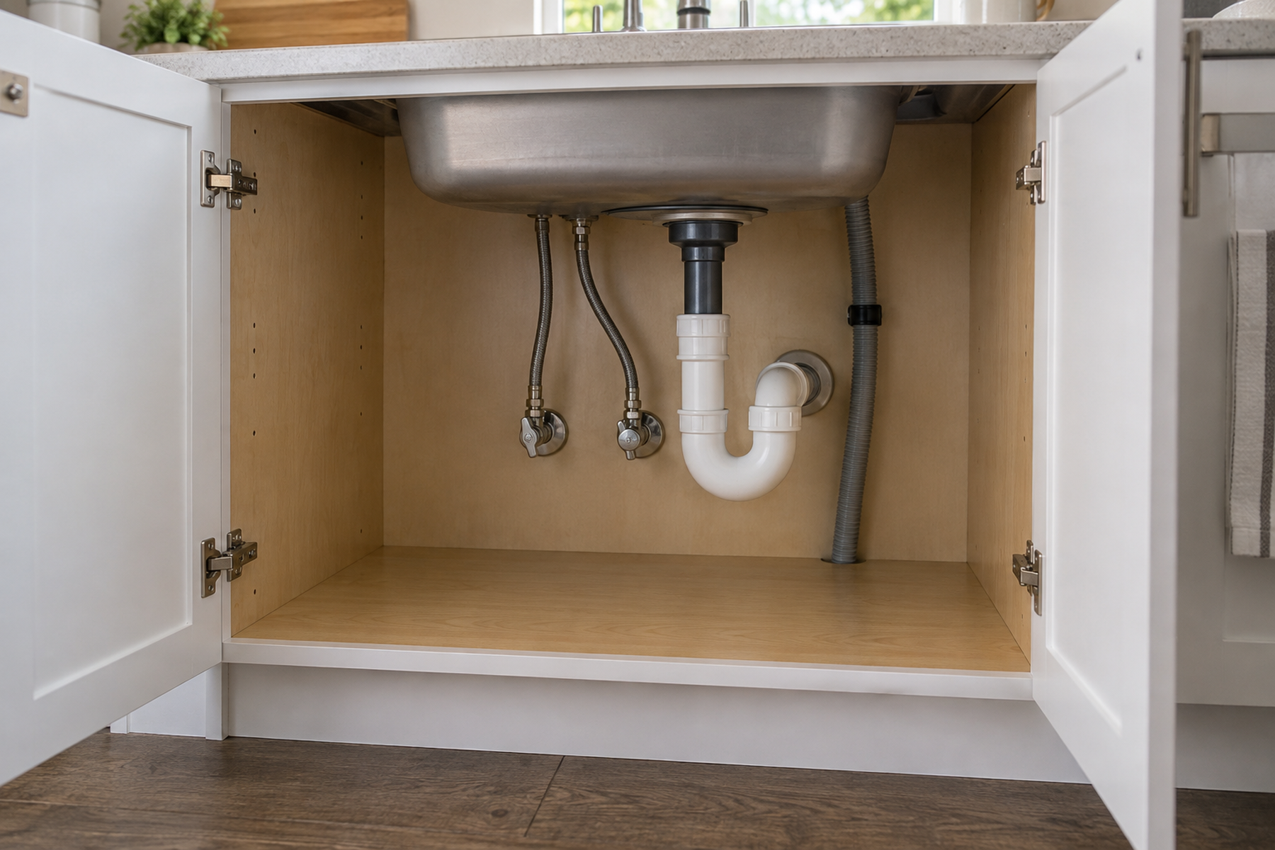 An open small kitchen under-sink cabinet shows the sink bowl, P-trap, supply lines, shutoff valves, hinges, and irregular empty storage lanes.