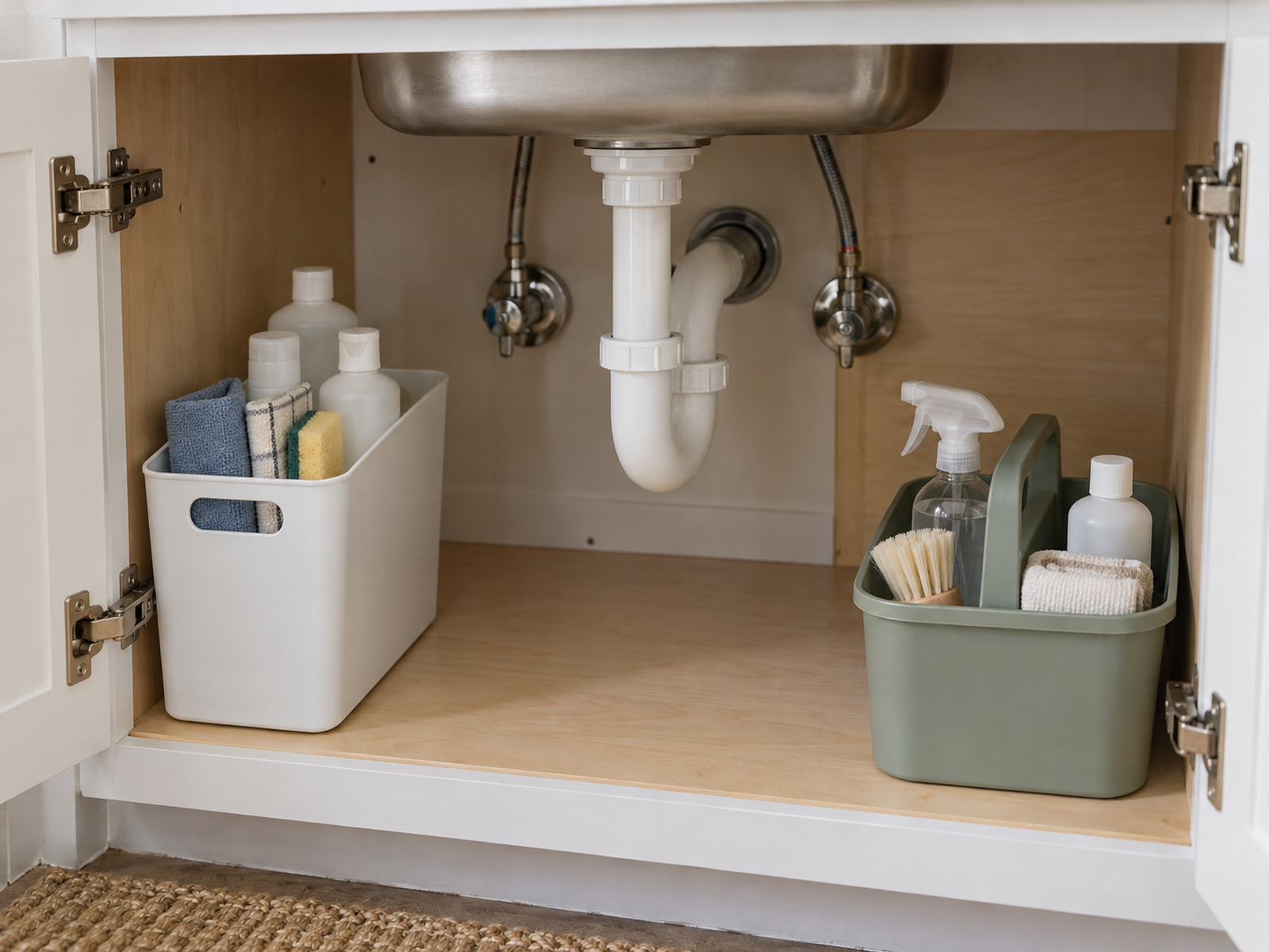 A slim removable bin and handled cleaning caddy sit on opposite sides of a small under-sink cabinet while the plumbing and cabinet floor remain visible.