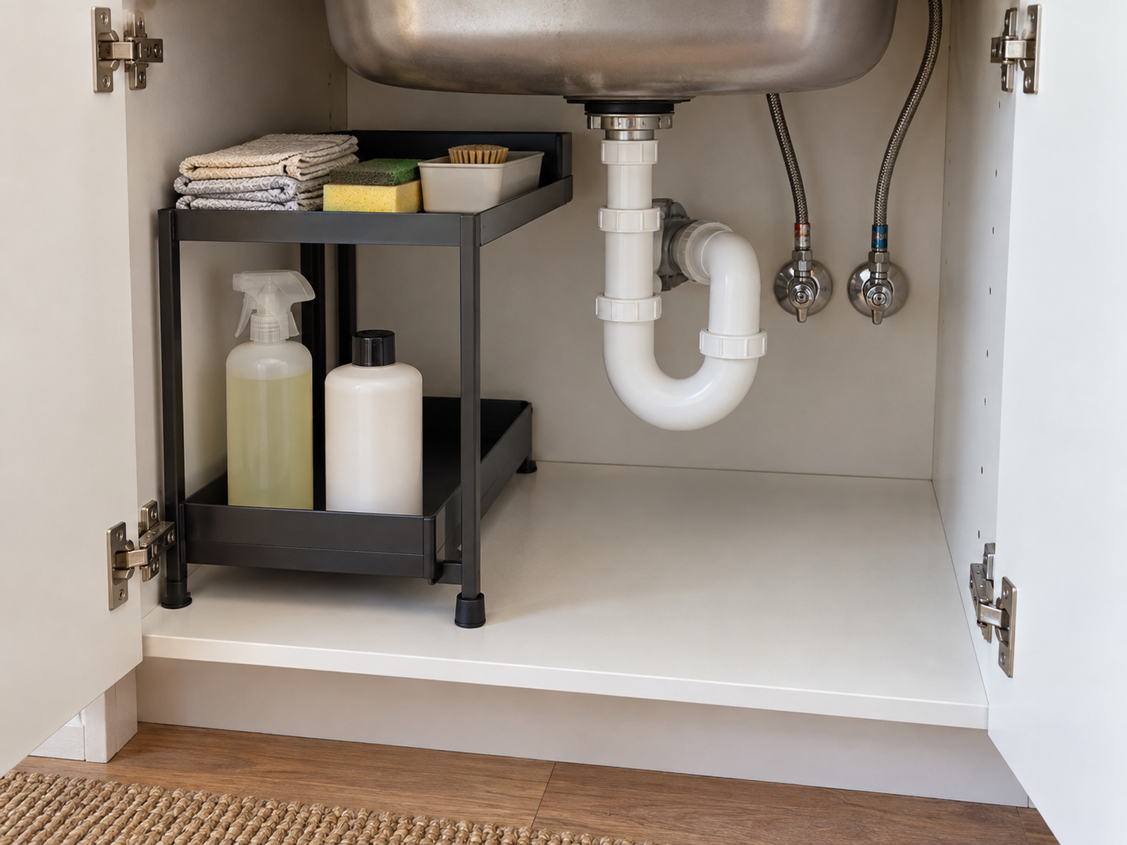 A freestanding two-tier organizer uses the left side of an under-sink cabinet while the P-trap, shutoff valves, service lane, and cabinet floor stay accessible.