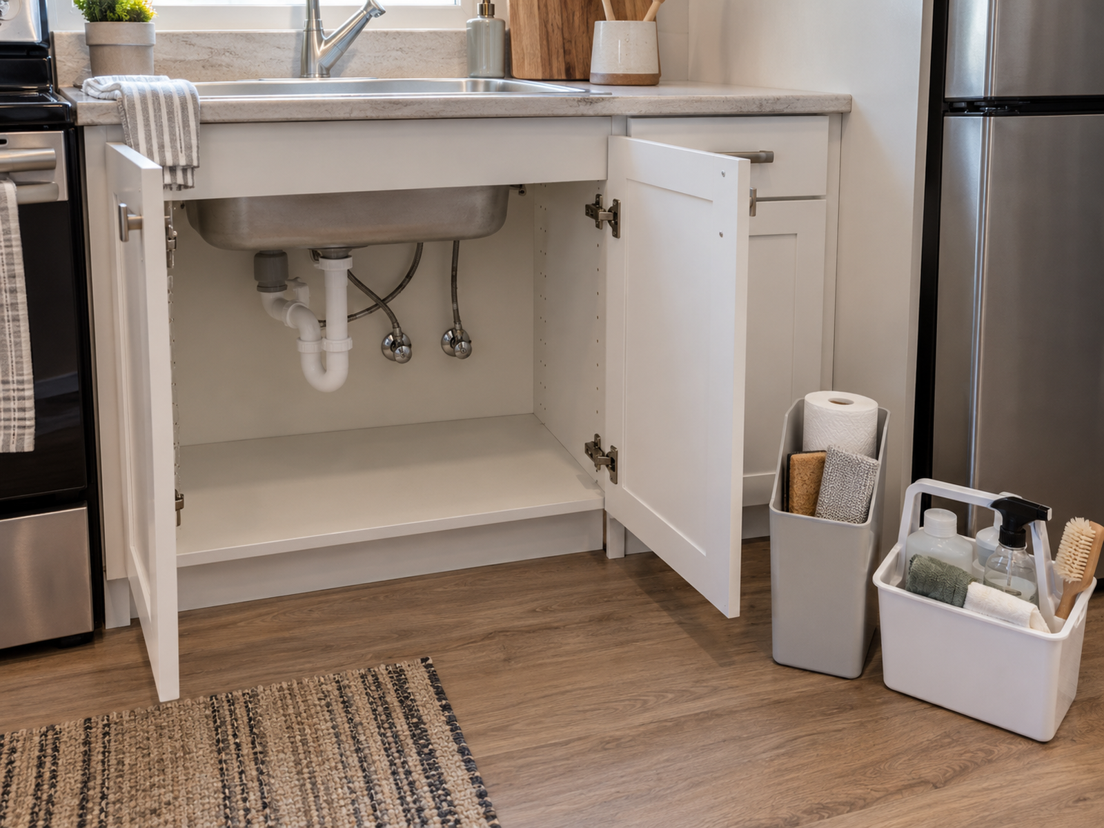 A small under-sink cabinet is cleared for inspection while two removable storage modules sit together beside the open cabinet.