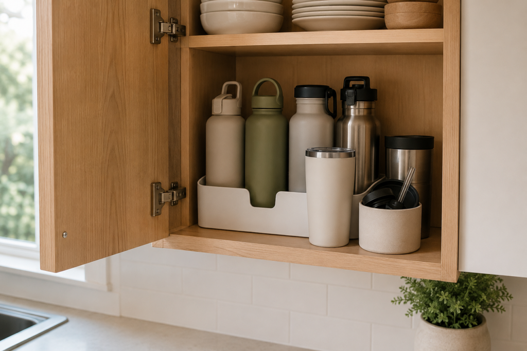 Edited mix of water bottles and tumblers organized in one small kitchen cabinet zone, with a daily tumbler at the front and no counter overflow.