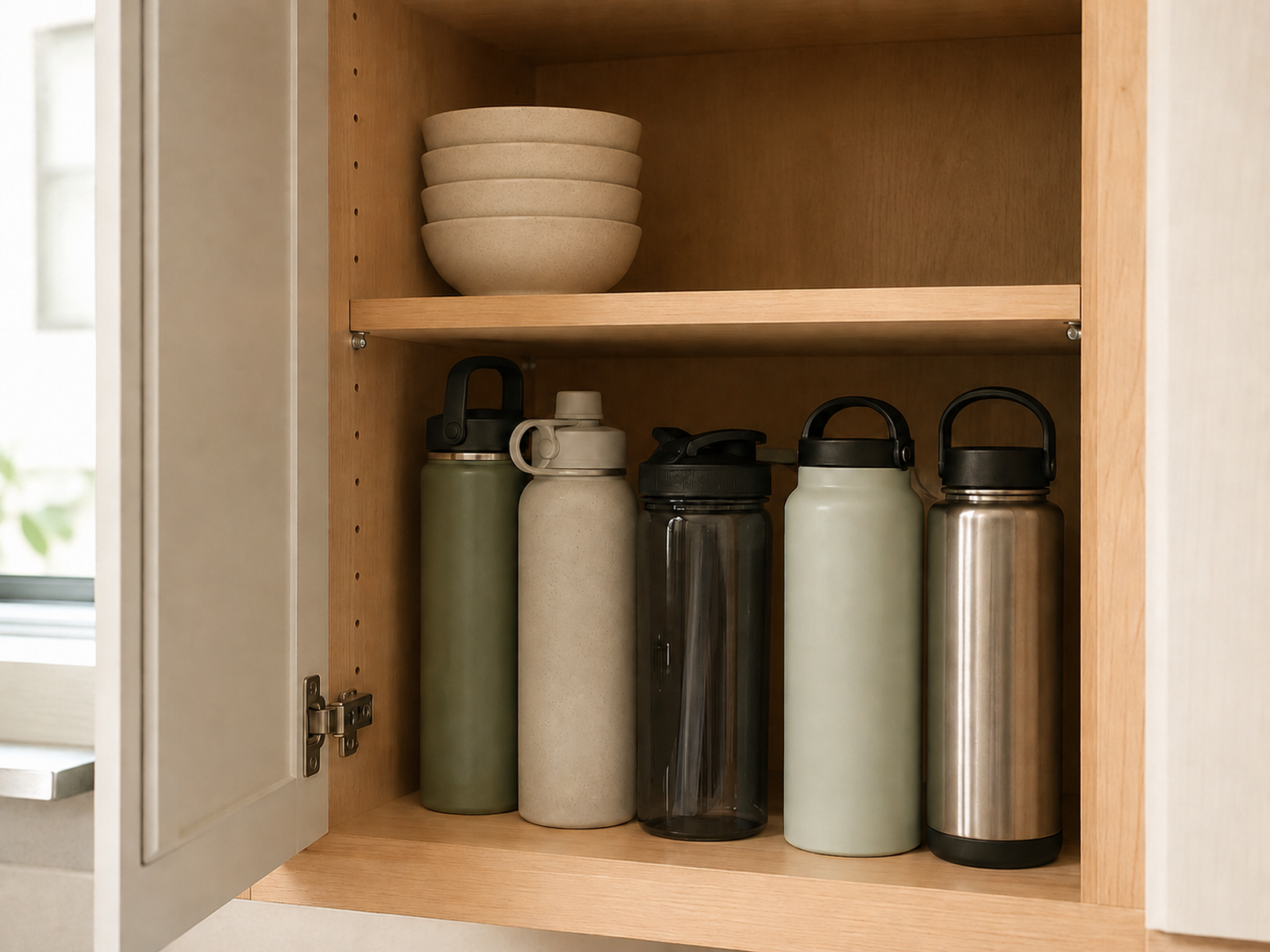 Adjustable cabinet shelf positioned just above upright water bottles, with bowls stored in the recovered shelf space above.